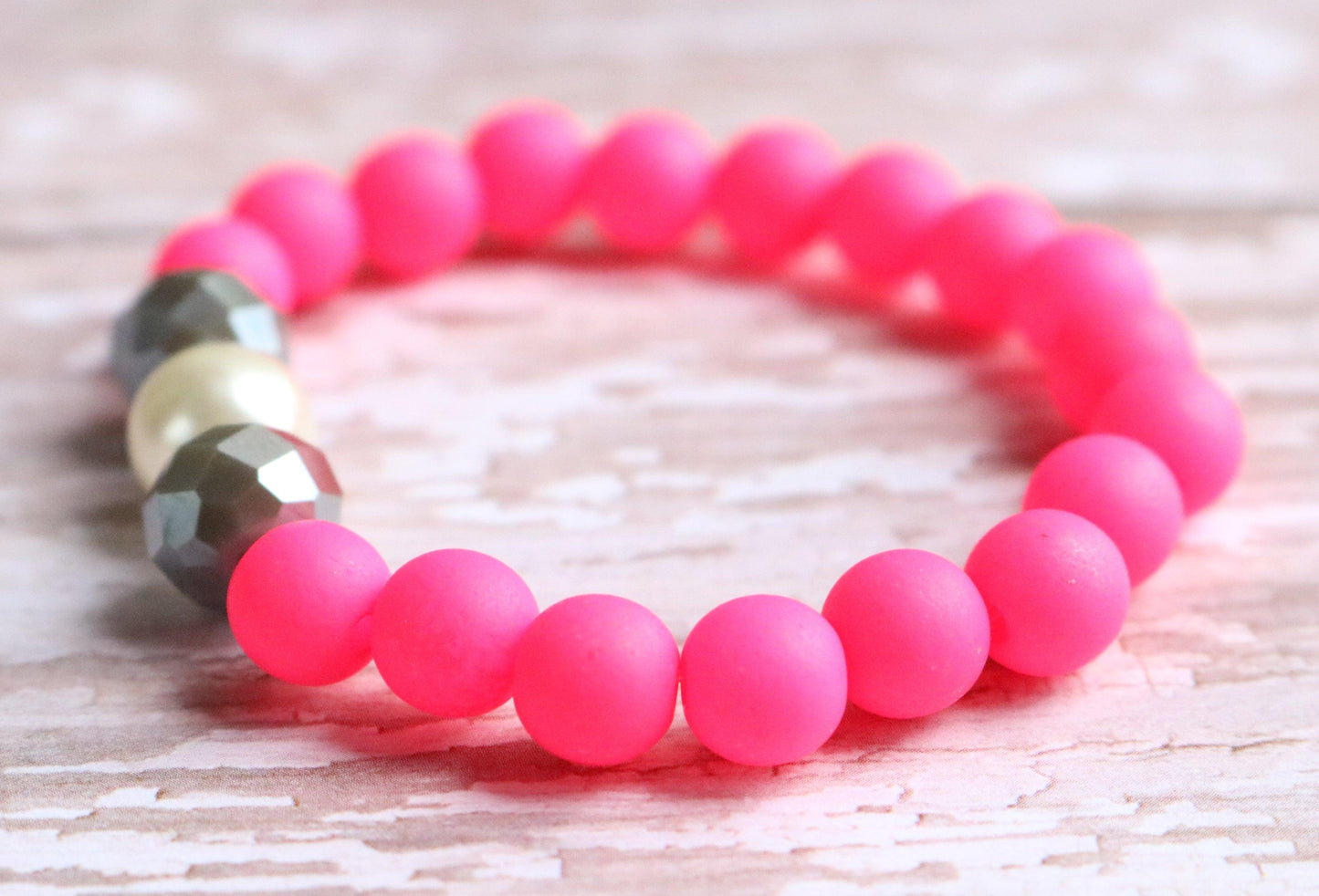 Hot Pink - Faceted Grey - White Glass Pearl - Dance Party Girl's Child Fun Stretch Bracelet - Monkeysmojo