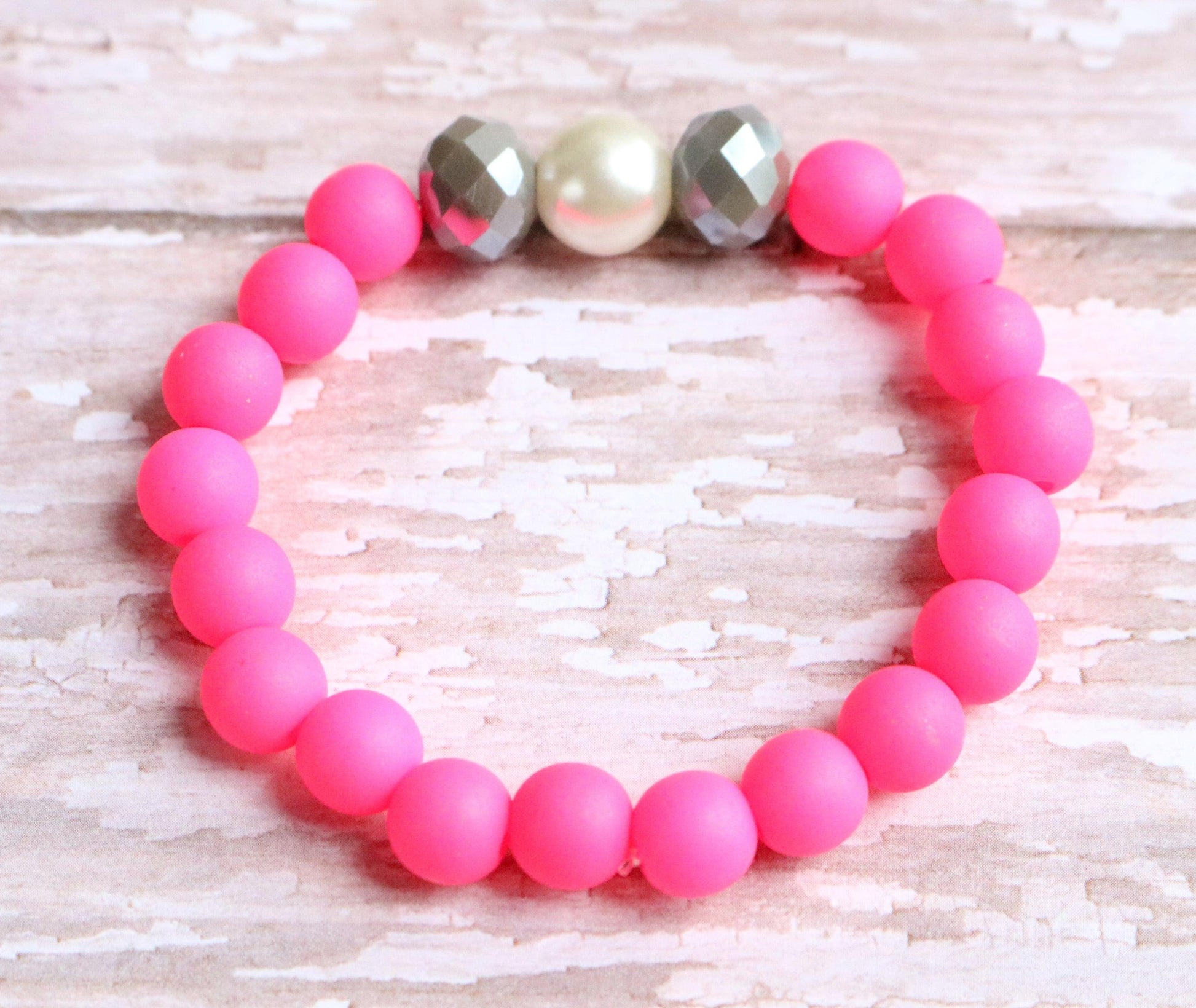 Hot Pink - Faceted Grey - White Glass Pearl - Dance Party Girl's Child Fun Stretch Bracelet - Monkeysmojo
