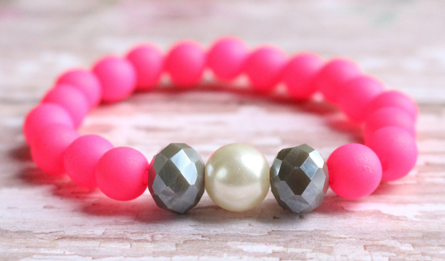 Hot Pink - Faceted Grey - White Glass Pearl - Dance Party Girl's Child Fun Stretch Bracelet - Monkeysmojo