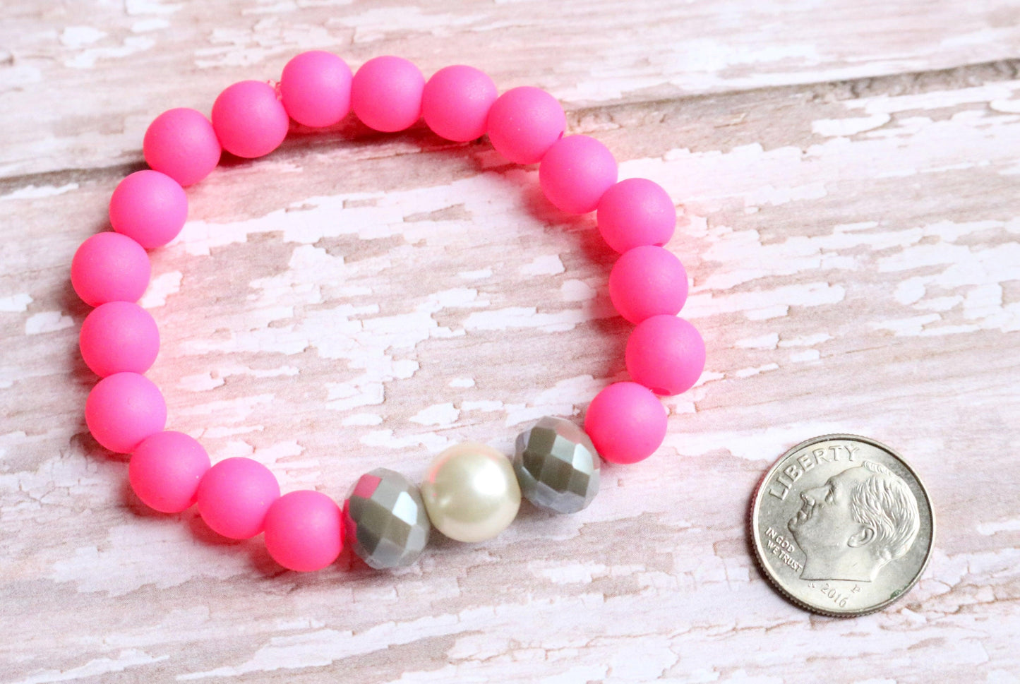 Hot Pink - Faceted Grey - White Glass Pearl - Dance Party Girl's Child Fun Stretch Bracelet - Monkeysmojo