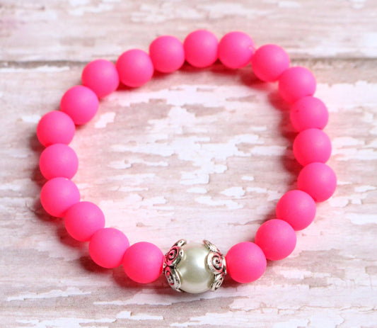 Electric Pink and Bright White Glass Pearl - Be Fancy in Bright Hot Pink Girl's Child Stretch Bracelet - Monkeysmojo