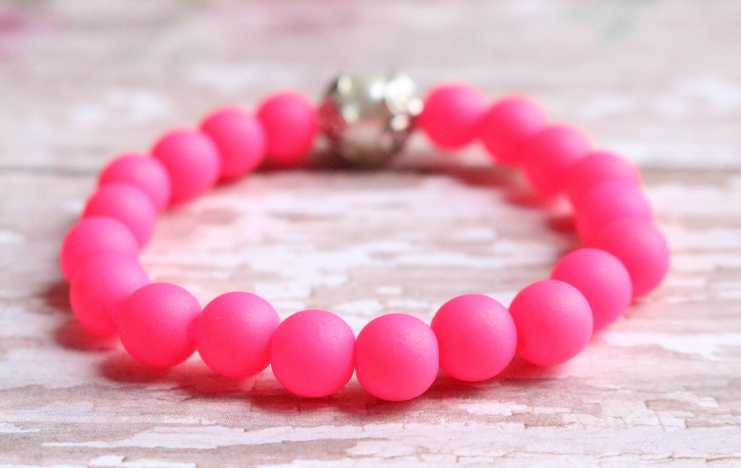 Electric Pink and Bright White Glass Pearl - Be Fancy in Bright Hot Pink Girl's Child Stretch Bracelet - Monkeysmojo