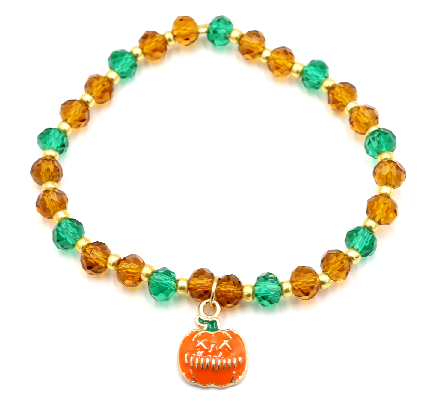 Faceted Orange and Green Scary Craved Pumpkin Patch Stretch Charm Bracelet by Monkeys Mojo