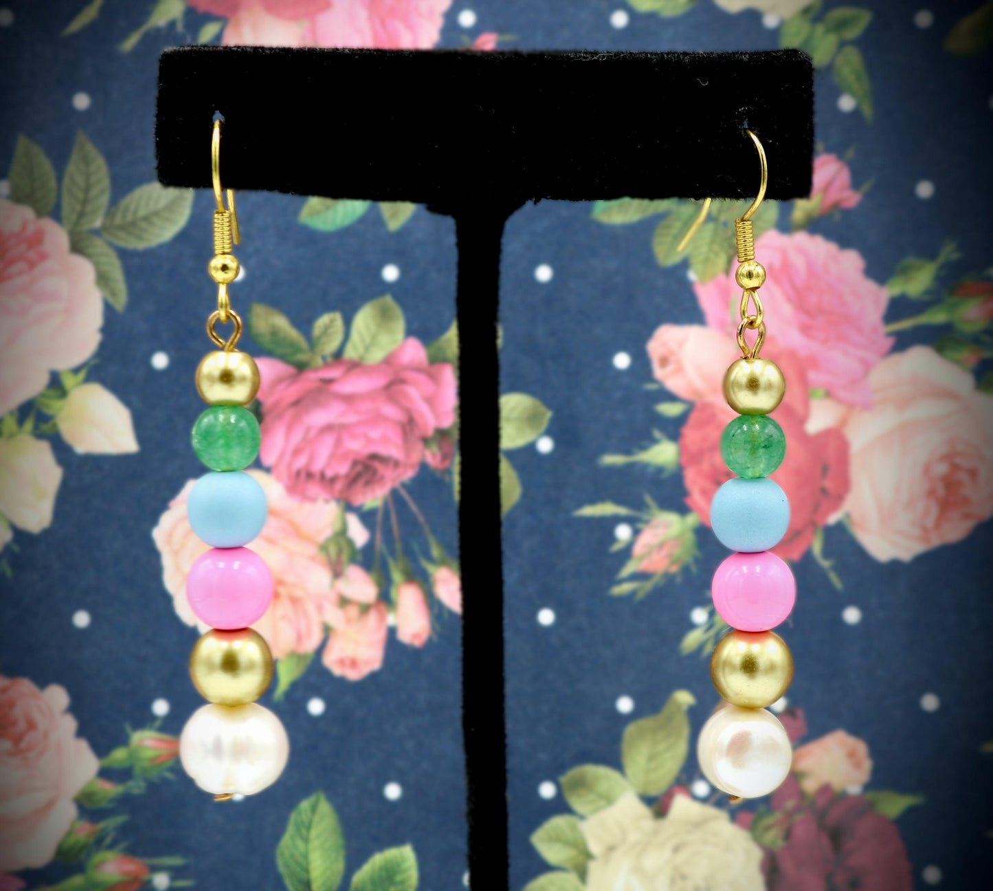 Sugar Spice and Gold Acrylic and Glass 1 3/4” Long Dangle Earrings Women’s Gift 2022 - Pink, Blue, Gold, Pearl, and Green - Free Shipping - Monkeysmojo