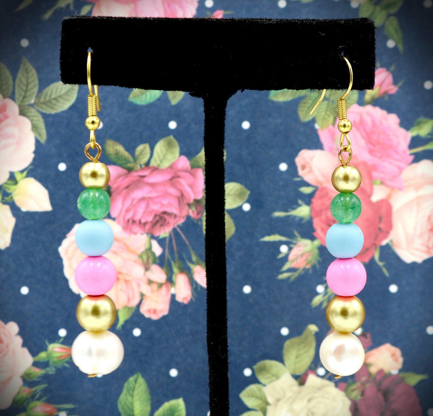 Sugar Spice and Gold Acrylic and Glass 1 3/4” Long Dangle Earrings Women’s Gift 2022 - Pink, Blue, Gold, Pearl, and Green - Free Shipping - Monkeysmojo