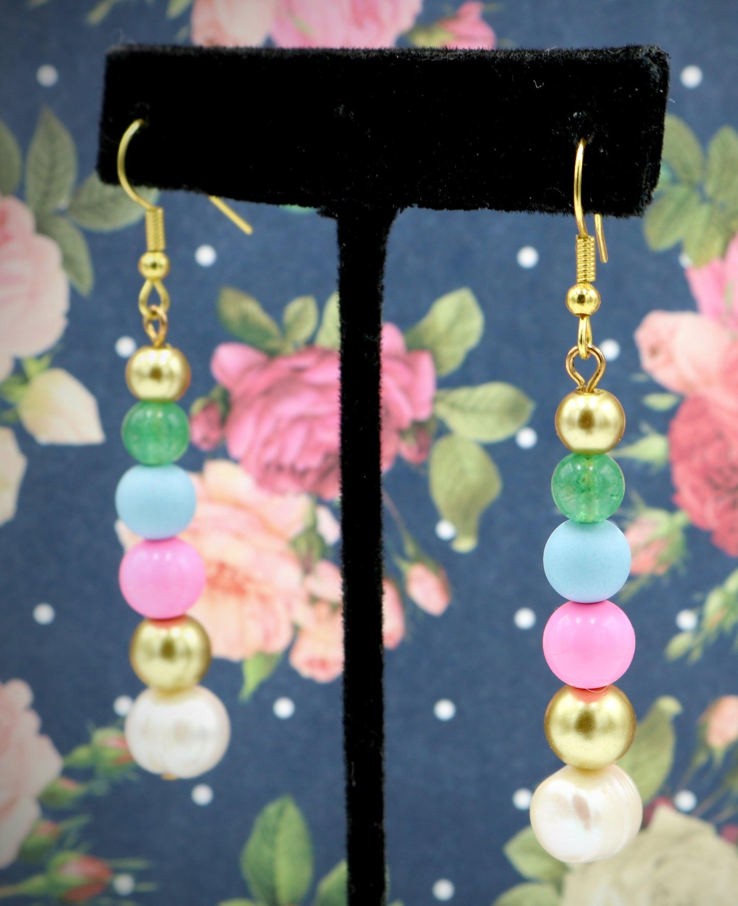 Sugar Spice and Gold Acrylic and Glass 1 3/4” Long Dangle Earrings Women’s Gift 2022 - Pink, Blue, Gold, Pearl, and Green - Free Shipping - Monkeysmojo