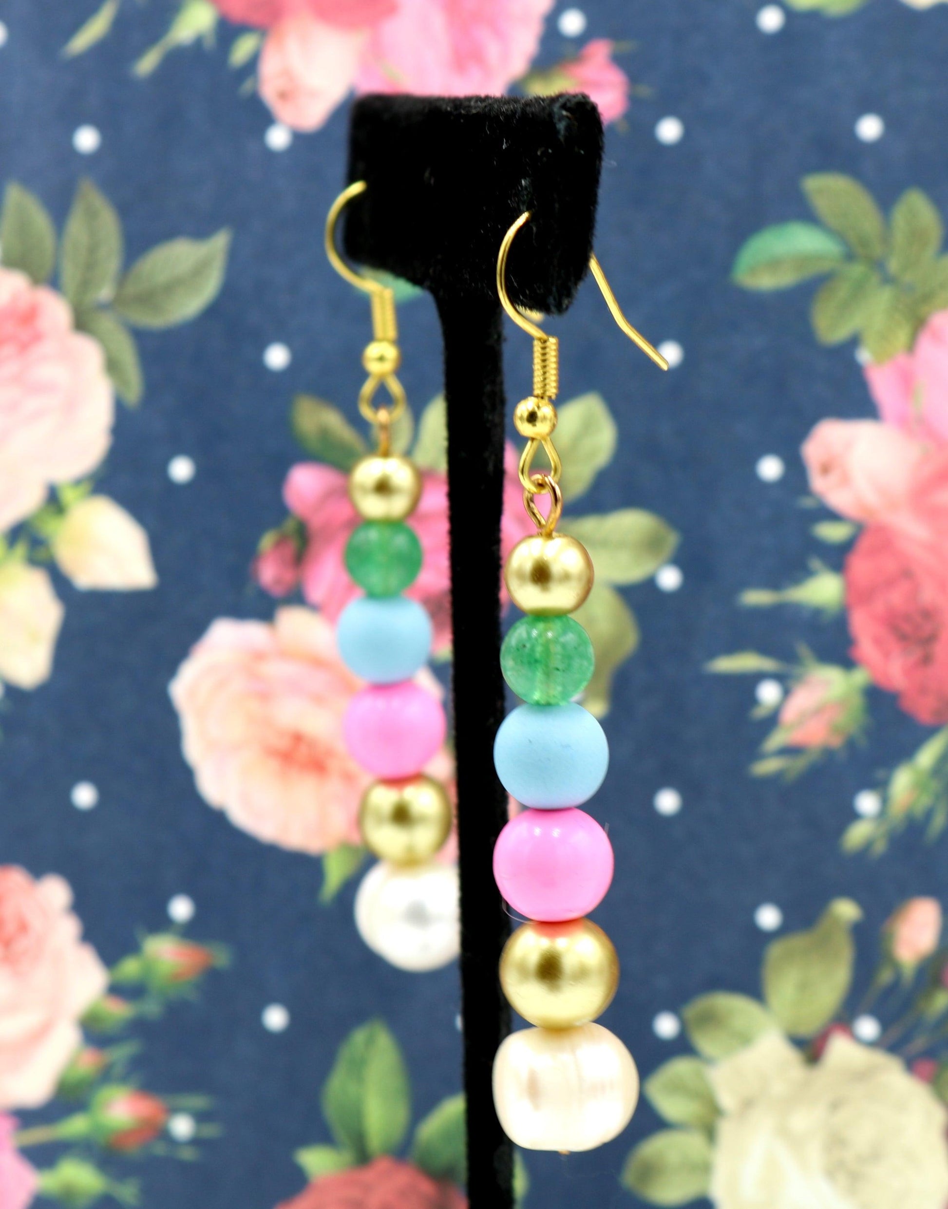 Sugar Spice and Gold Acrylic and Glass 1 3/4” Long Dangle Earrings Women’s Gift 2022 - Pink, Blue, Gold, Pearl, and Green - Free Shipping - Monkeysmojo