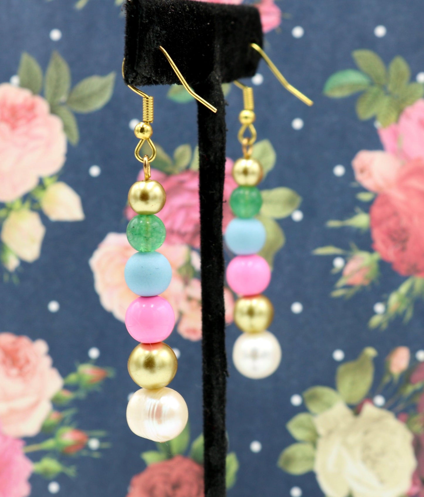 Sugar Spice and Gold Acrylic and Glass 1 3/4” Long Dangle Earrings Women’s Gift 2022 - Pink, Blue, Gold, Pearl, and Green - Free Shipping - Monkeysmojo