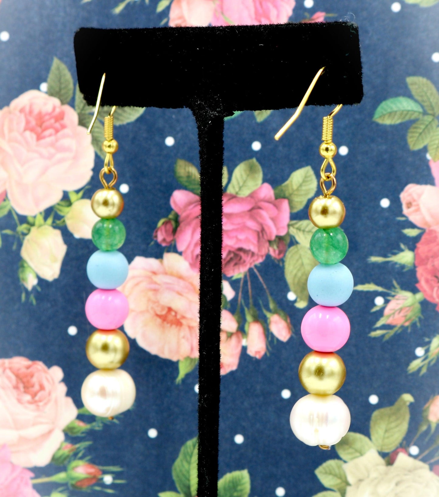 Sugar Spice and Gold Acrylic and Glass 1 3/4” Long Dangle Earrings Women’s Gift 2022 - Pink, Blue, Gold, Pearl, and Green - Free Shipping - Monkeysmojo