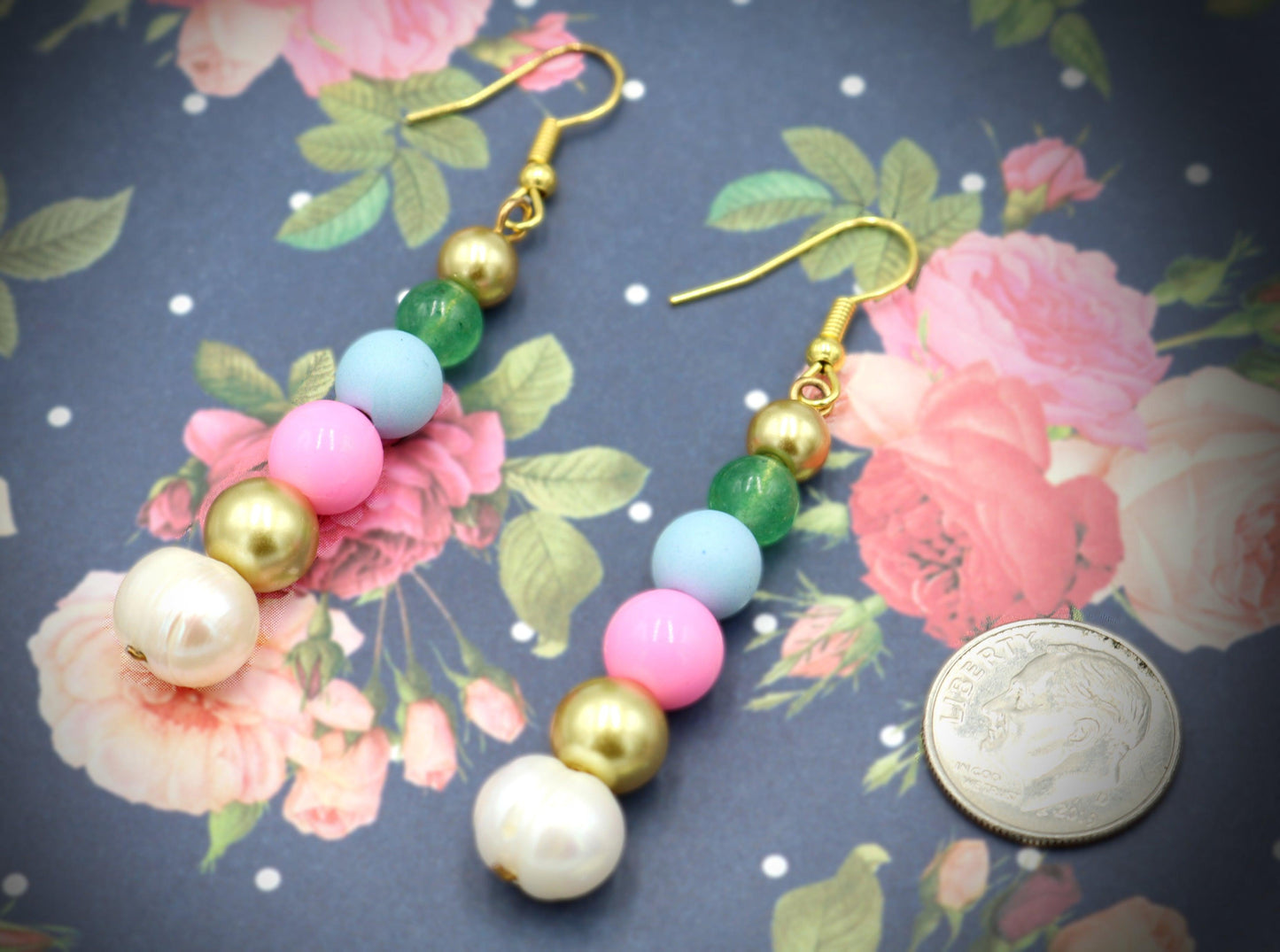 Sugar Spice and Gold Acrylic and Glass 1 3/4” Long Dangle Earrings Women’s Gift 2022 - Pink, Blue, Gold, Pearl, and Green - Free Shipping - Monkeysmojo