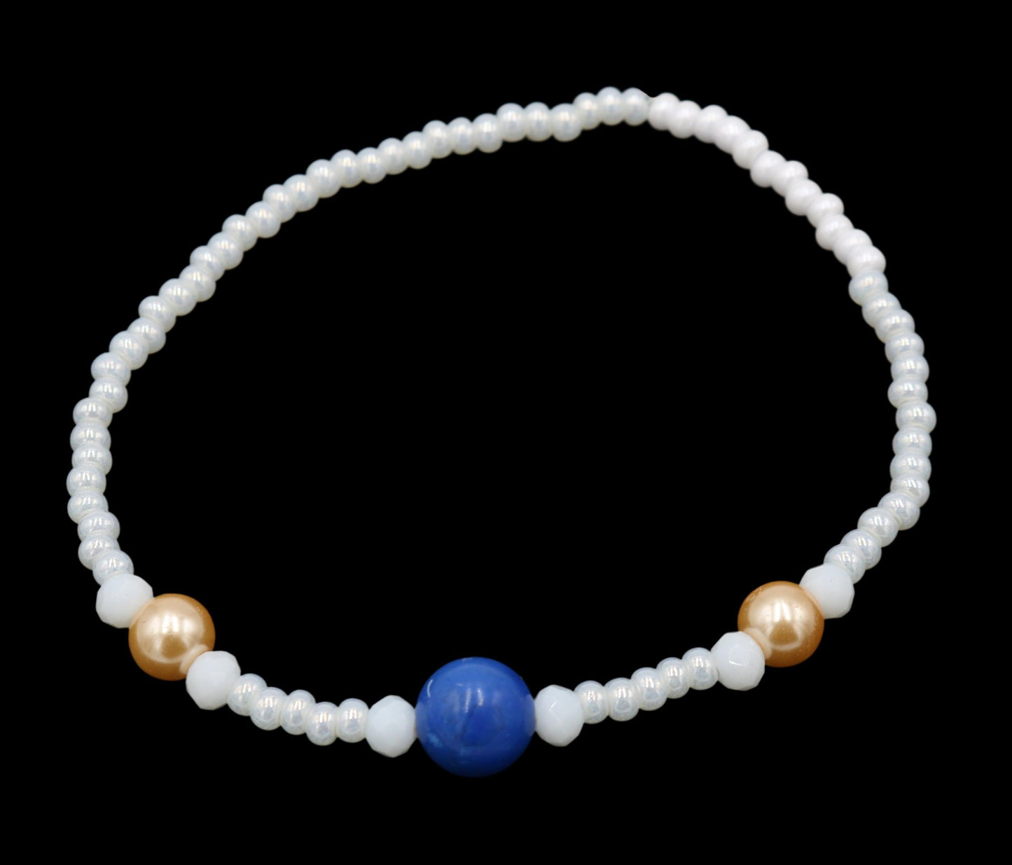 White Me Down and Pearl Me Blue Iridescent Pearl White Rose Gold Glass Pearls and Blue  Fun Boho Stretch Stack Bracelet Women’s Gift 2022 - Monkeysmojo