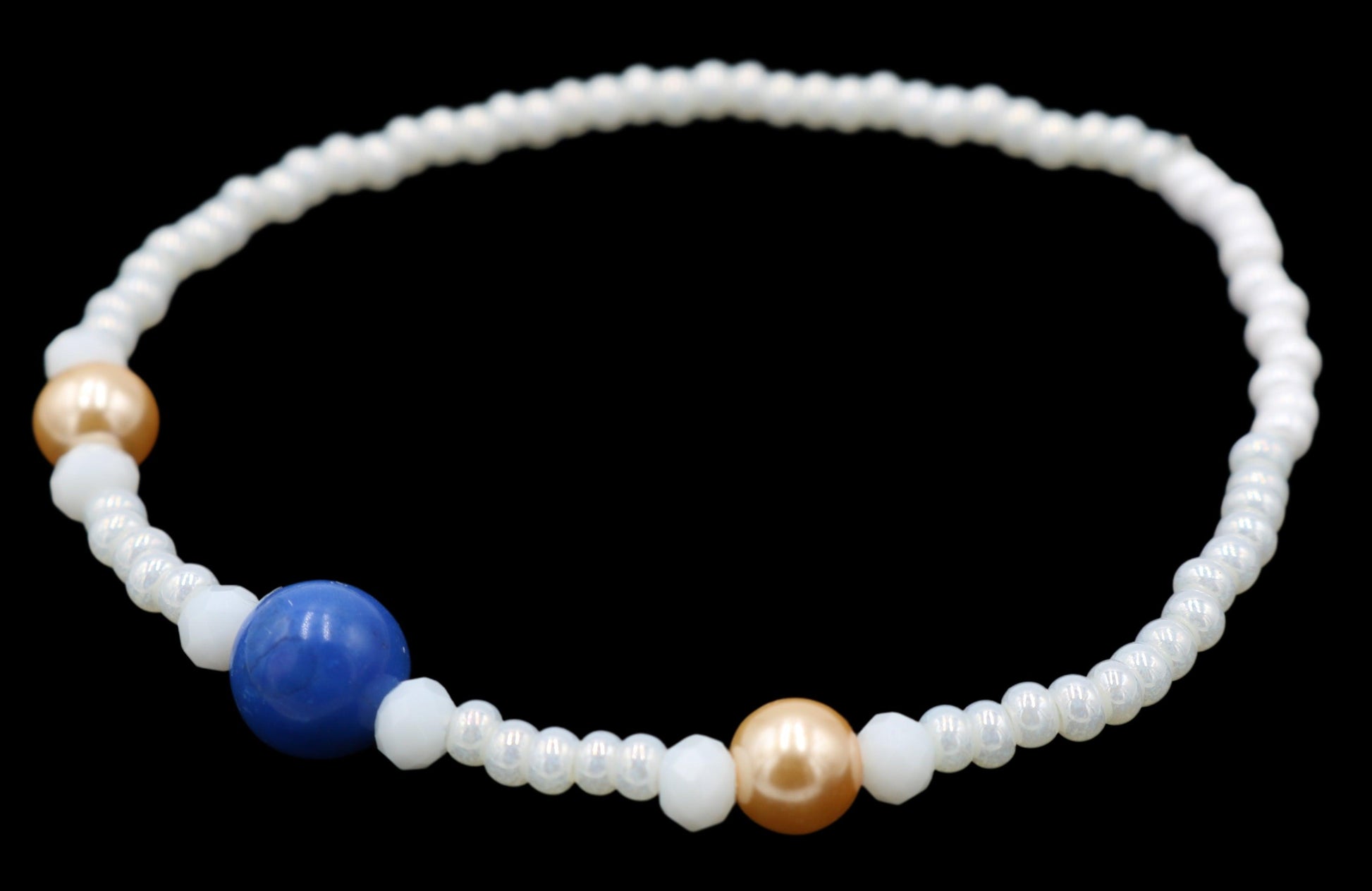 White Me Down and Pearl Me Blue Iridescent Pearl White Rose Gold Glass Pearls and Blue  Fun Boho Stretch Stack Bracelet Women’s Gift 2022 - Monkeysmojo