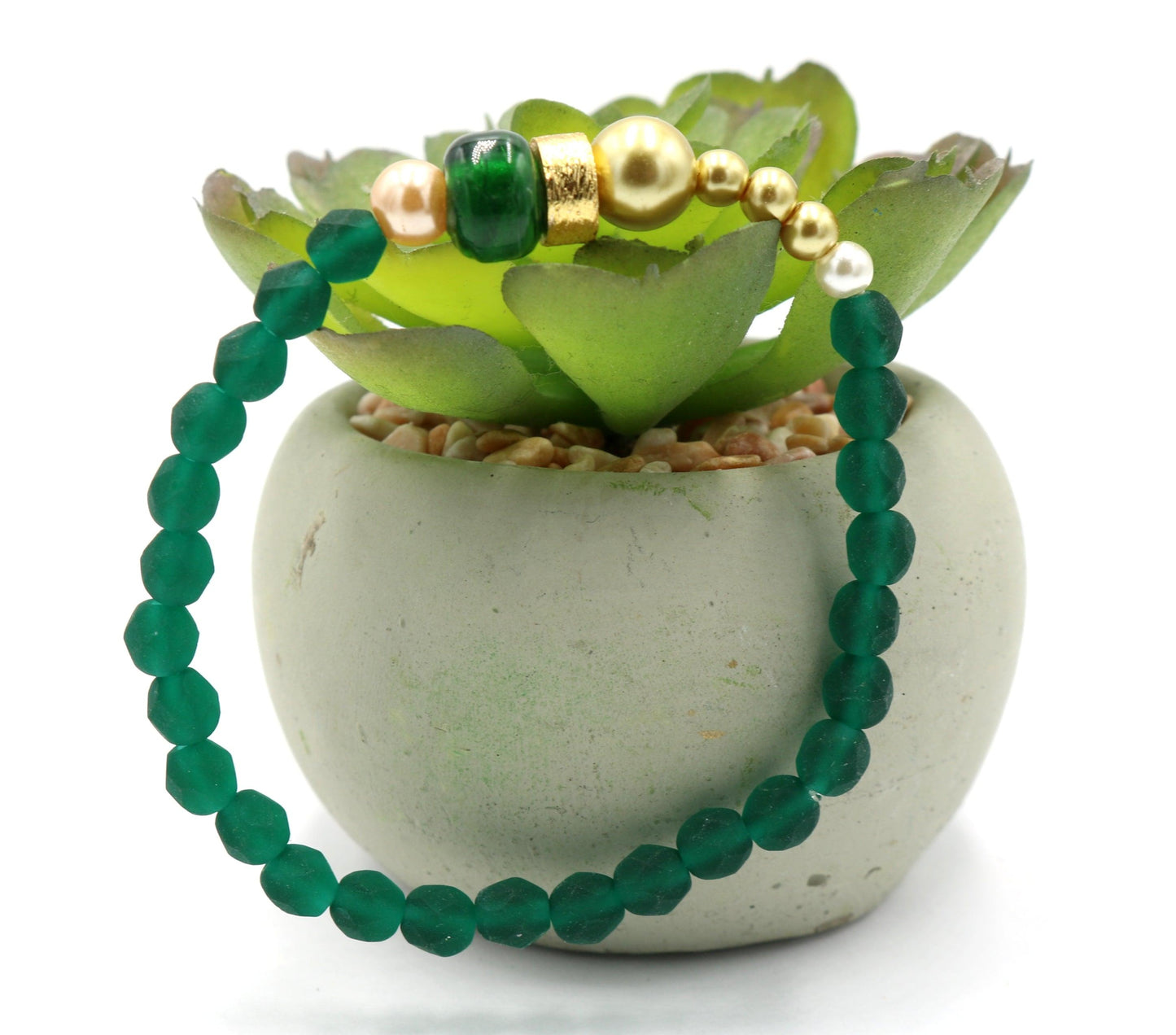 Into the Emerald Isle and Find A Pot of Gold - Dark Green and Yellow Gold Spring Glass Bead Stretch Bracelet - Monkeysmojo