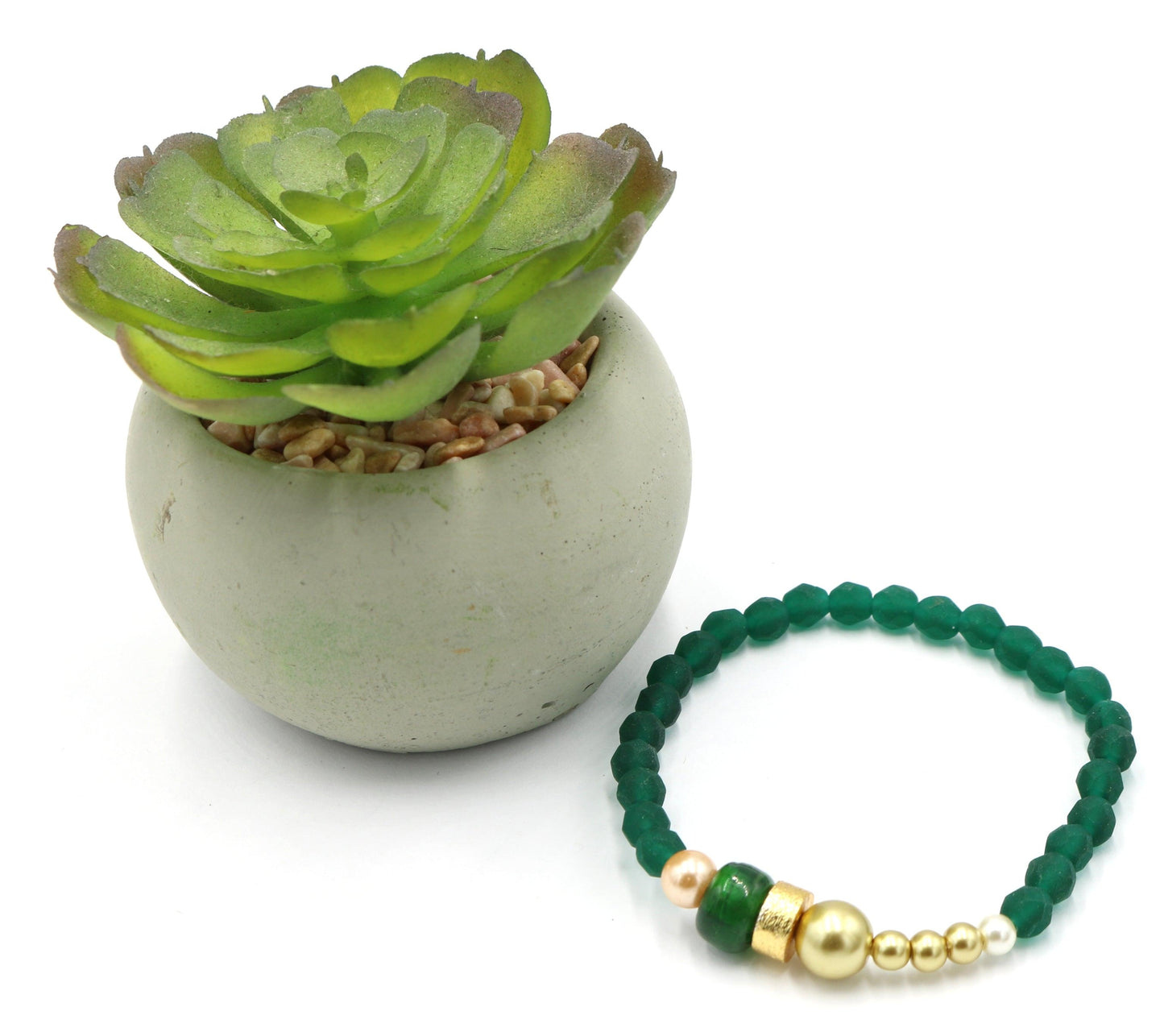 Into the Emerald Isle and Find A Pot of Gold - Dark Green and Yellow Gold Spring Glass Bead Stretch Bracelet - Monkeysmojo