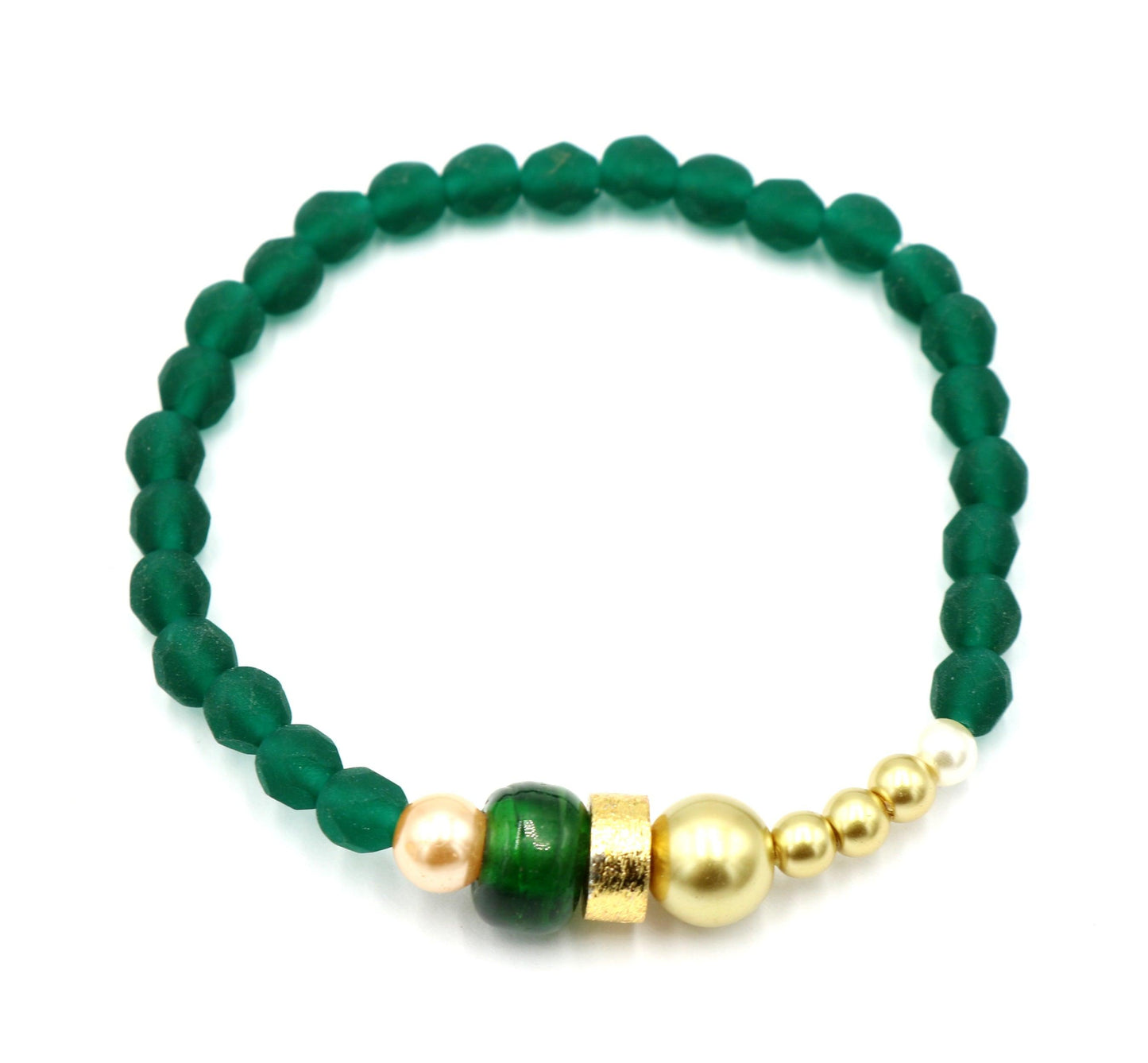 Into the Emerald Isle and Find A Pot of Gold - Dark Green and Yellow Gold Spring Glass Bead Stretch Bracelet - Monkeysmojo