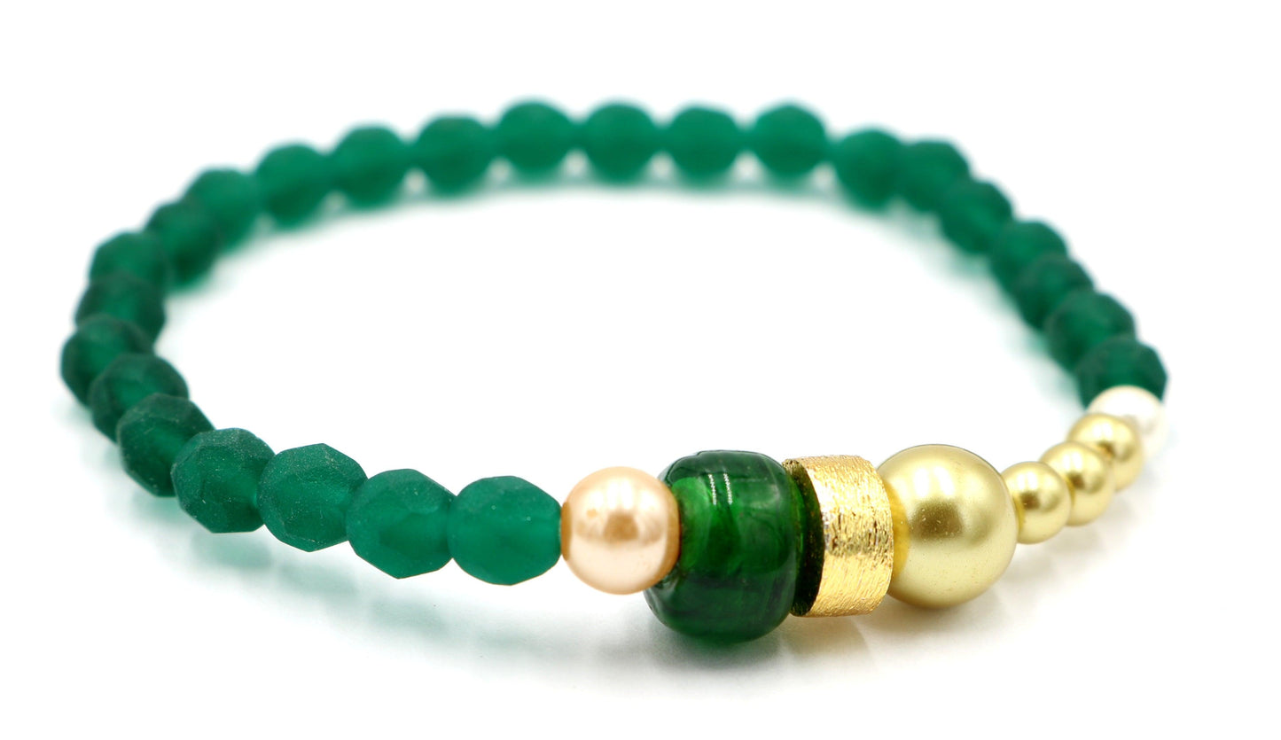 Into the Emerald Isle and Find A Pot of Gold - Dark Green and Yellow Gold Spring Glass Bead Stretch Bracelet - Monkeysmojo