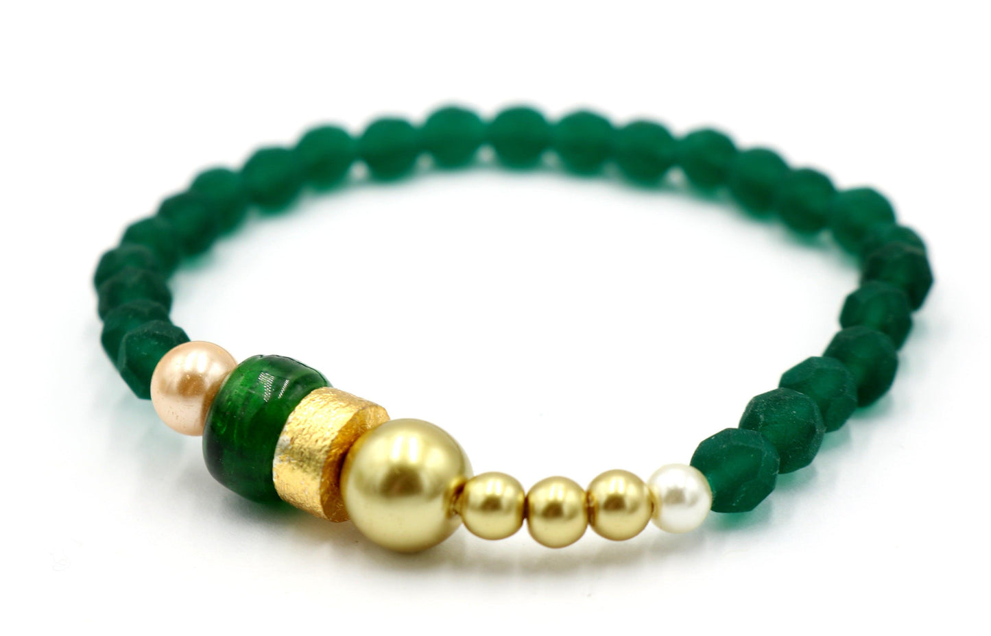 Into the Emerald Isle and Find A Pot of Gold - Dark Green and Yellow Gold Spring Glass Bead Stretch Bracelet - Monkeysmojo