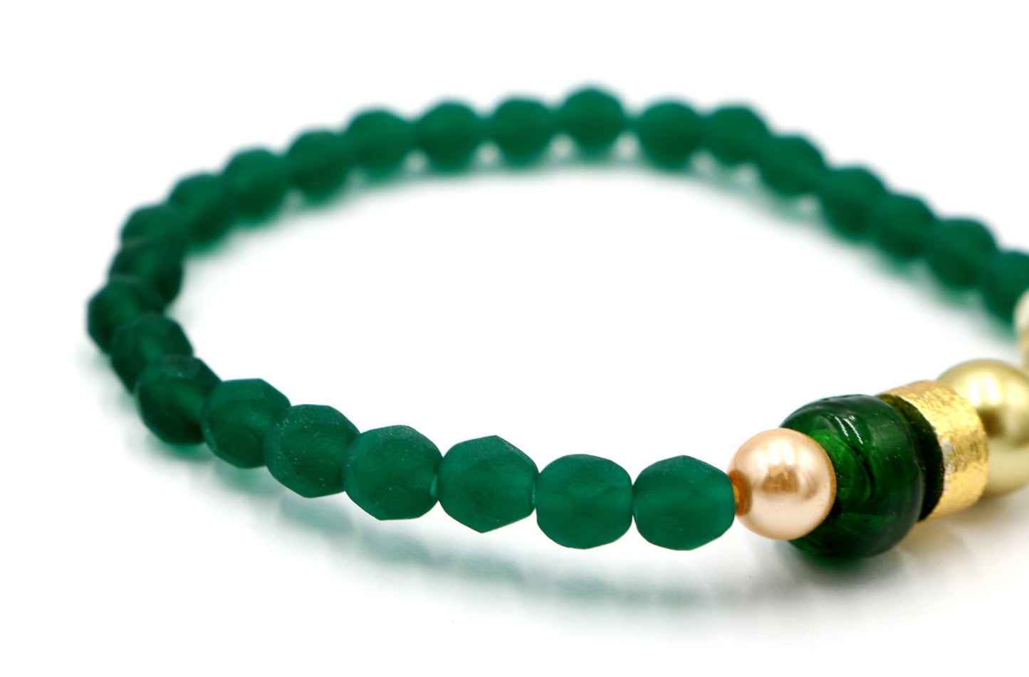 Into the Emerald Isle and Find A Pot of Gold - Dark Green and Yellow Gold Spring Glass Bead Stretch Bracelet - Monkeysmojo