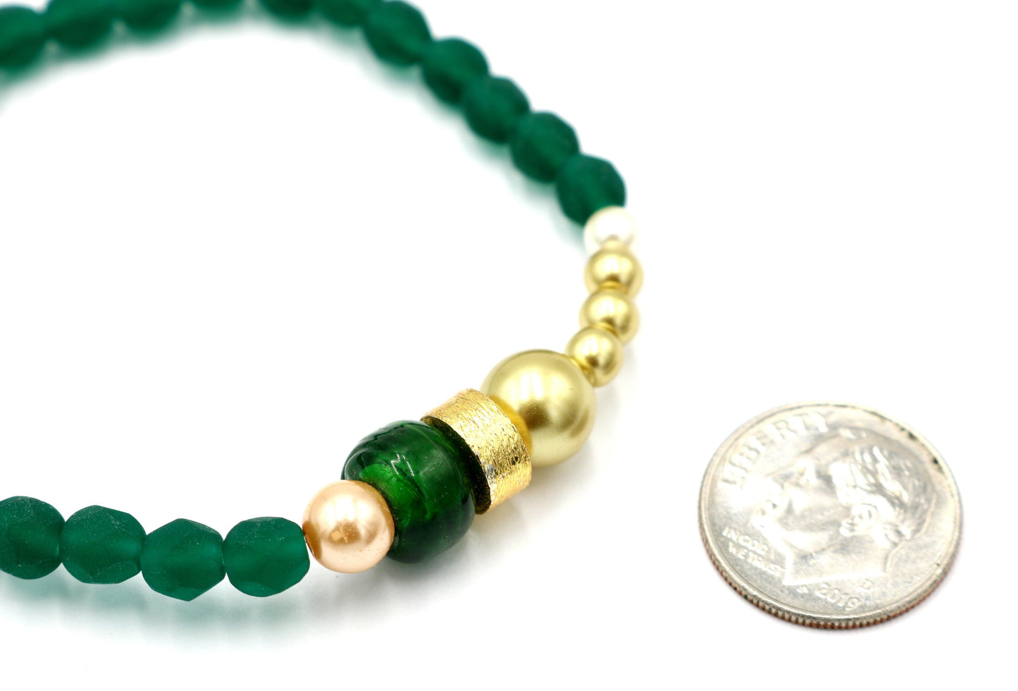 Into the Emerald Isle and Find A Pot of Gold - Dark Green and Yellow Gold Spring Glass Bead Stretch Bracelet - Monkeysmojo