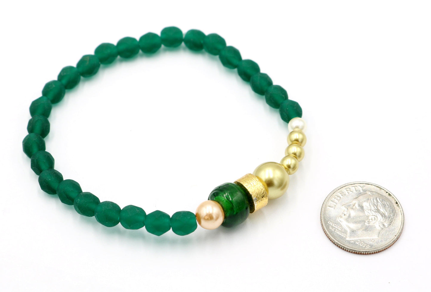 Into the Emerald Isle and Find A Pot of Gold - Dark Green and Yellow Gold Spring Glass Bead Stretch Bracelet - Monkeysmojo