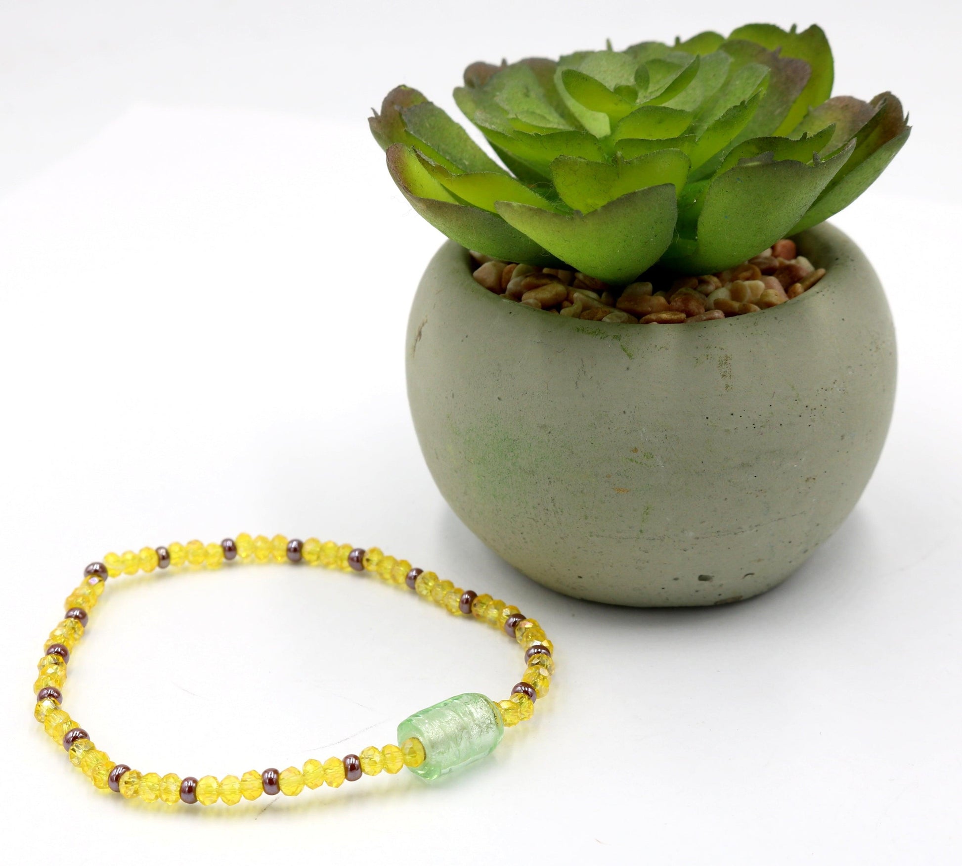 Frosty Light Mint Green Faceted Yellow Glass Beads with Brown Seed Glass Seed Bead Fun Boho Stretch Stack Bracelet Women’s Gift 2022 - Monkeysmojo