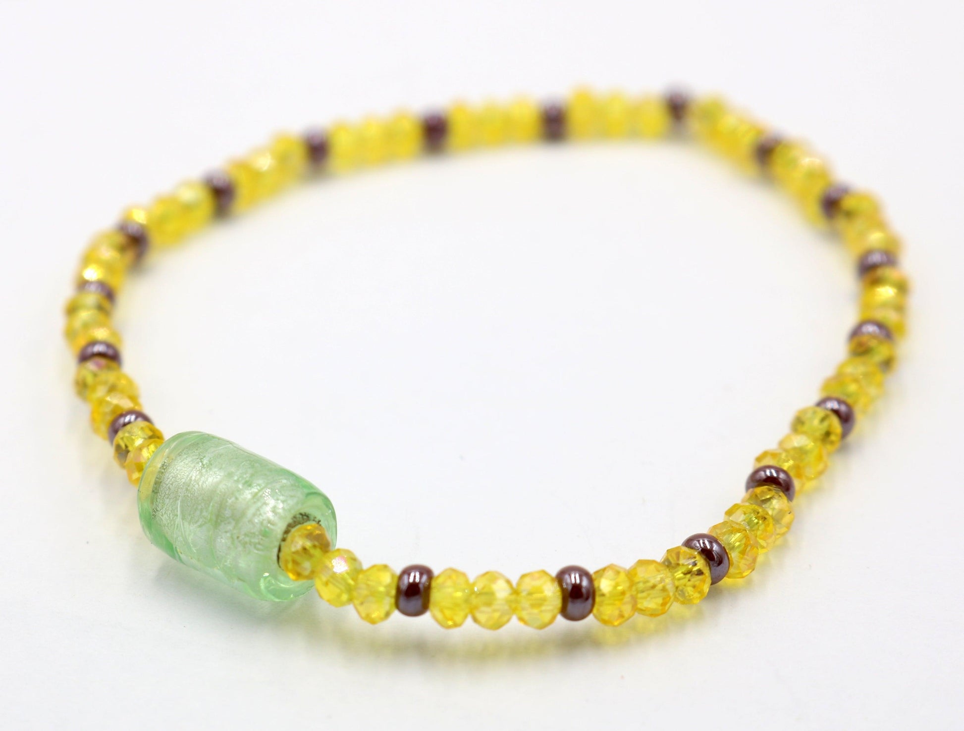 Frosty Light Mint Green Faceted Yellow Glass Beads with Brown Seed Glass Seed Bead Fun Boho Stretch Stack Bracelet Women’s Gift 2022 - Monkeysmojo