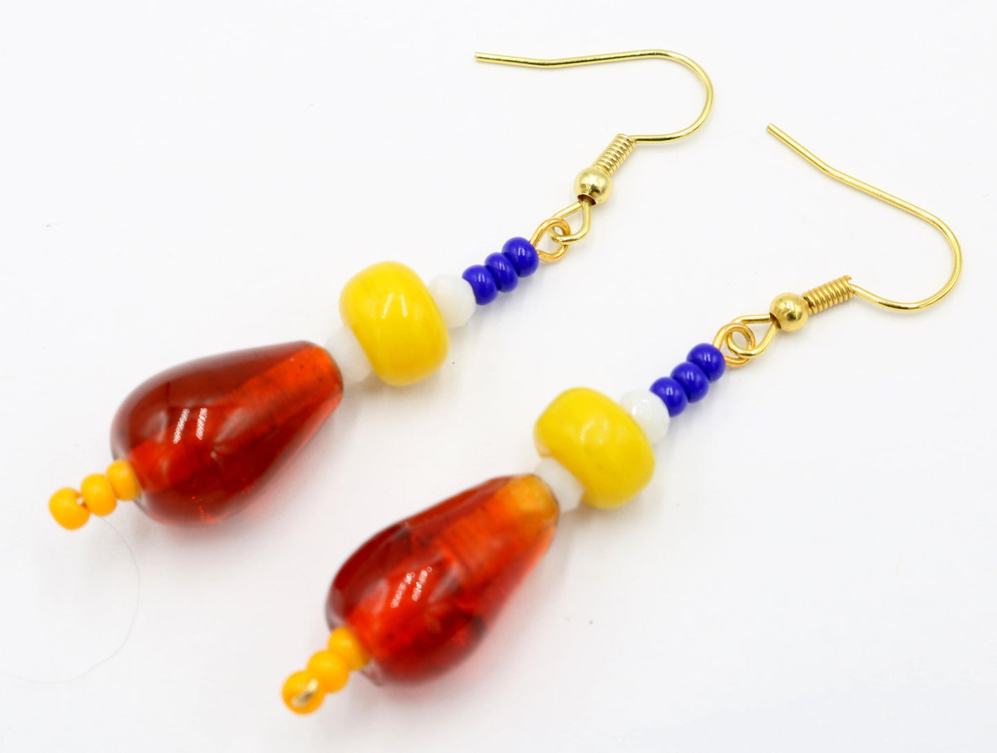 Primary in Love Glass 1 3/4” Long Dangle Earrings Women’s Gift 2022 - Vivid Vibrant Red, White, Yellow and Blue - Free Shipping - Monkeysmojo