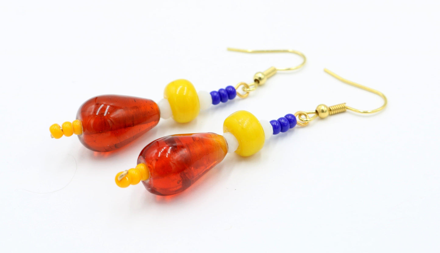 Primary in Love Glass 1 3/4” Long Dangle Earrings Women’s Gift 2022 - Vivid Vibrant Red, White, Yellow and Blue - Free Shipping - Monkeysmojo