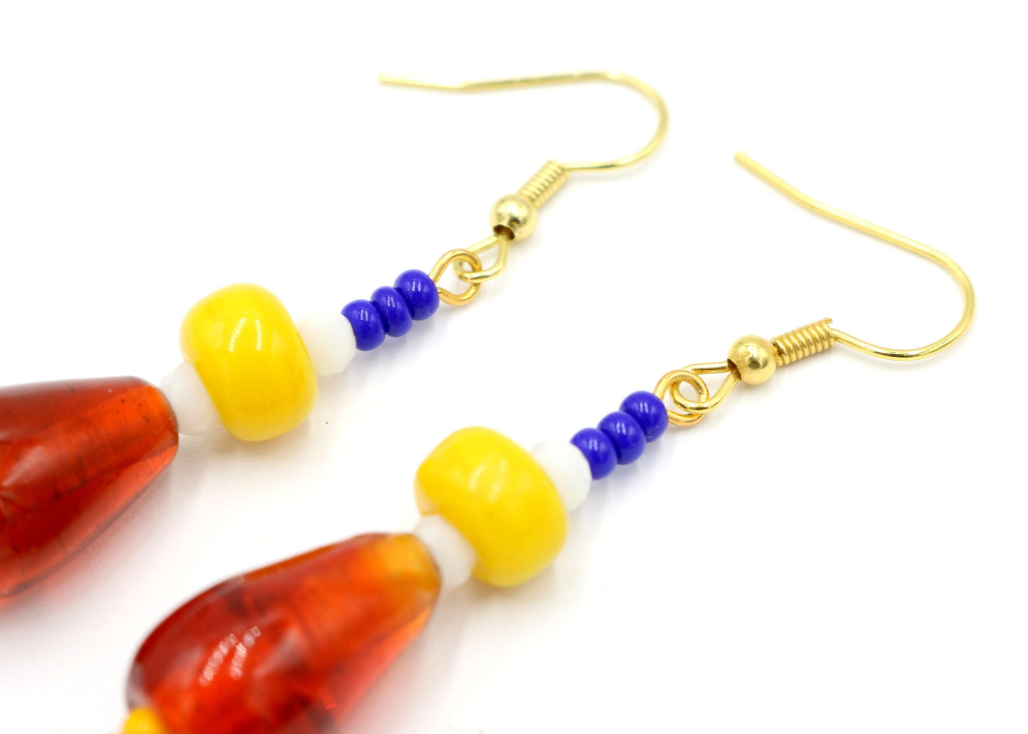 Primary in Love Glass 1 3/4” Long Dangle Earrings Women’s Gift 2022 - Vivid Vibrant Red, White, Yellow and Blue - Free Shipping - Monkeysmojo