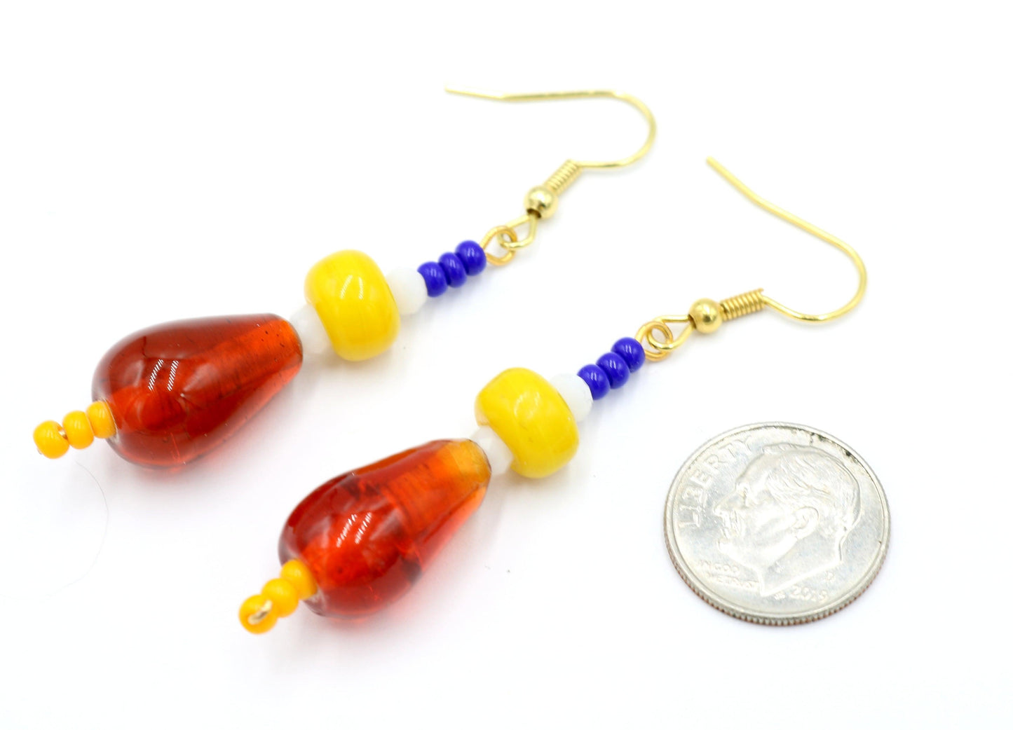 Primary in Love Glass 1 3/4” Long Dangle Earrings Women’s Gift 2022 - Vivid Vibrant Red, White, Yellow and Blue - Free Shipping - Monkeysmojo