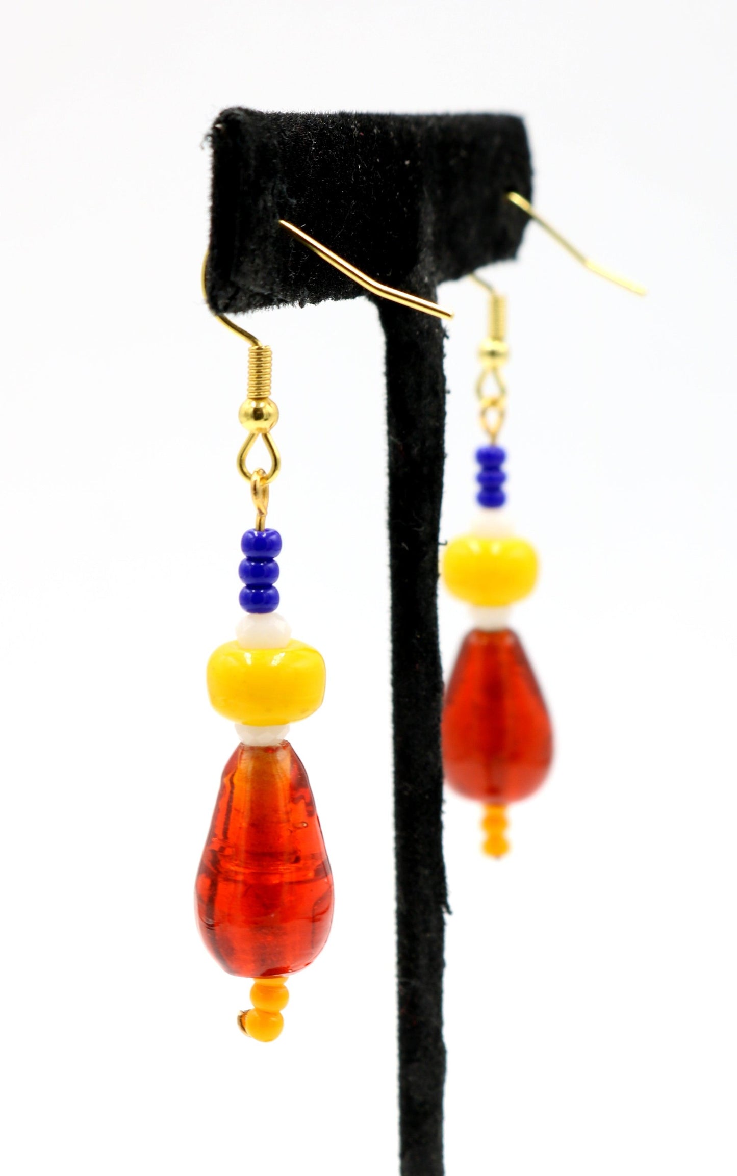 Primary in Love Glass 1 3/4” Long Dangle Earrings Women’s Gift 2022 - Vivid Vibrant Red, White, Yellow and Blue - Free Shipping - Monkeysmojo