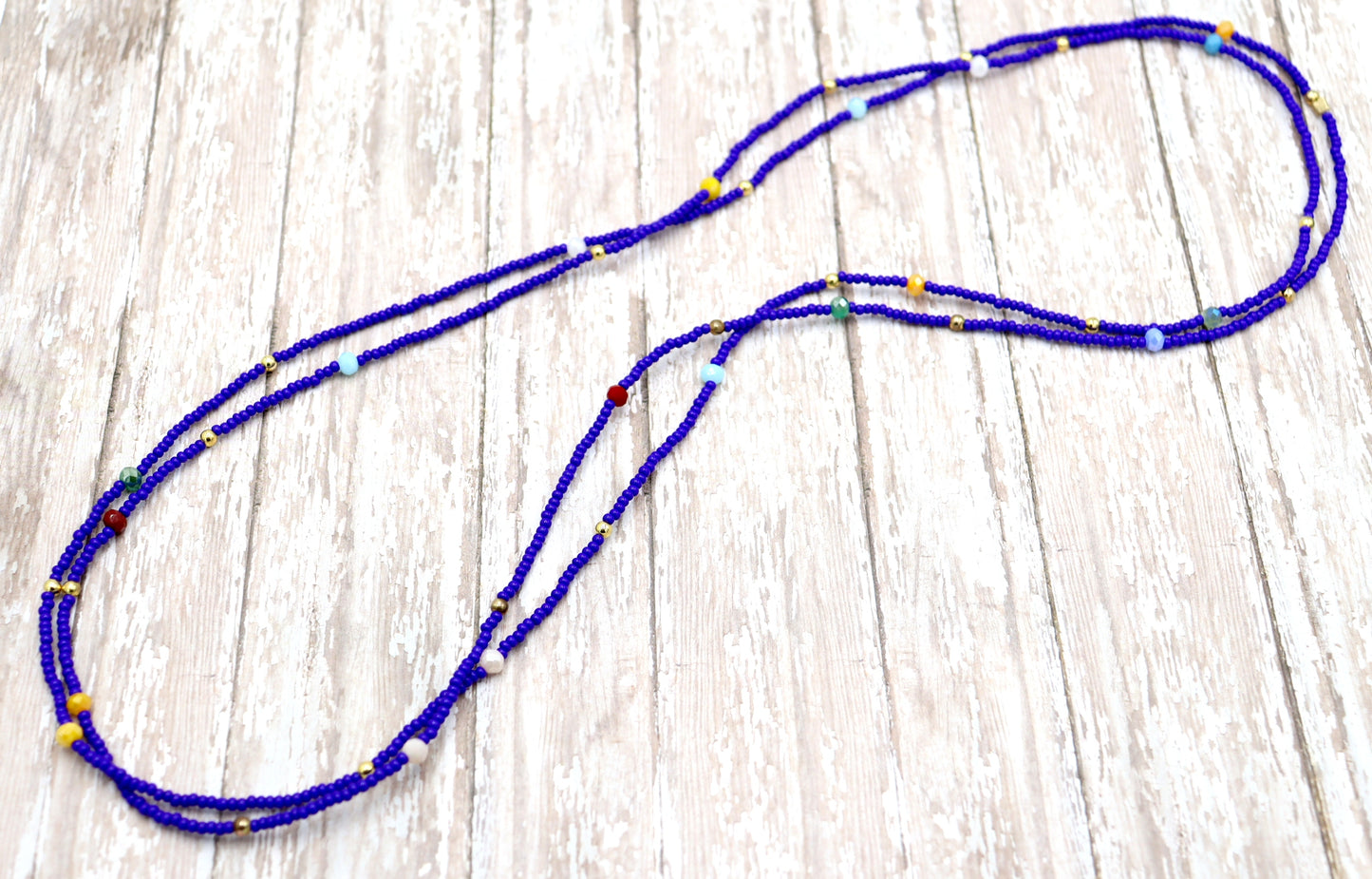 Blue Skies and Faceted Orbs of Colorful Light Approximately 52" Long Women's Royal Blue Long Glass Necklace by Monkey's Mojo