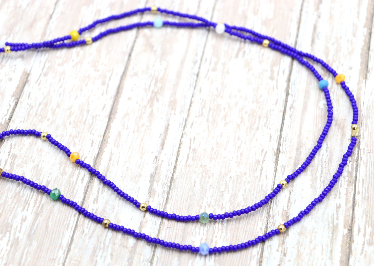 Blue Skies and Faceted Orbs of Colorful Light Approximately 52" Long Women's Royal Blue Long Glass Necklace by Monkey's Mojo