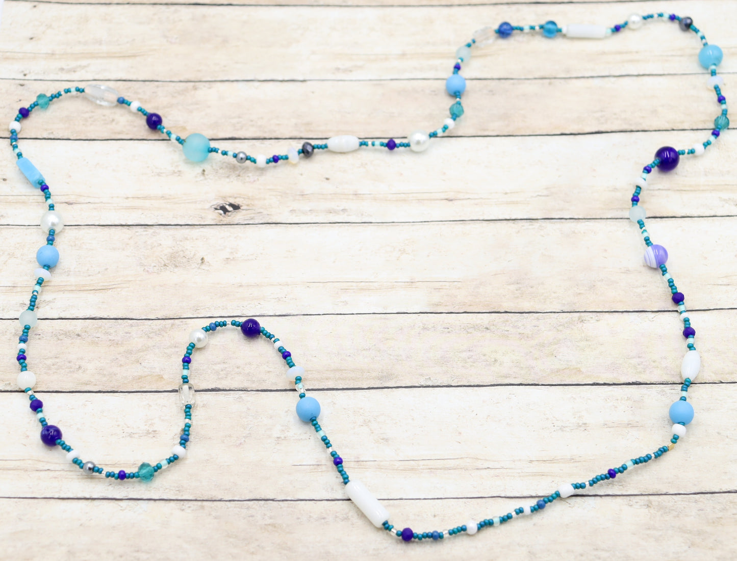 This Necklace with Blue You Away – Blue and White 38” Long Party Necklace by Monkey’s Mojo