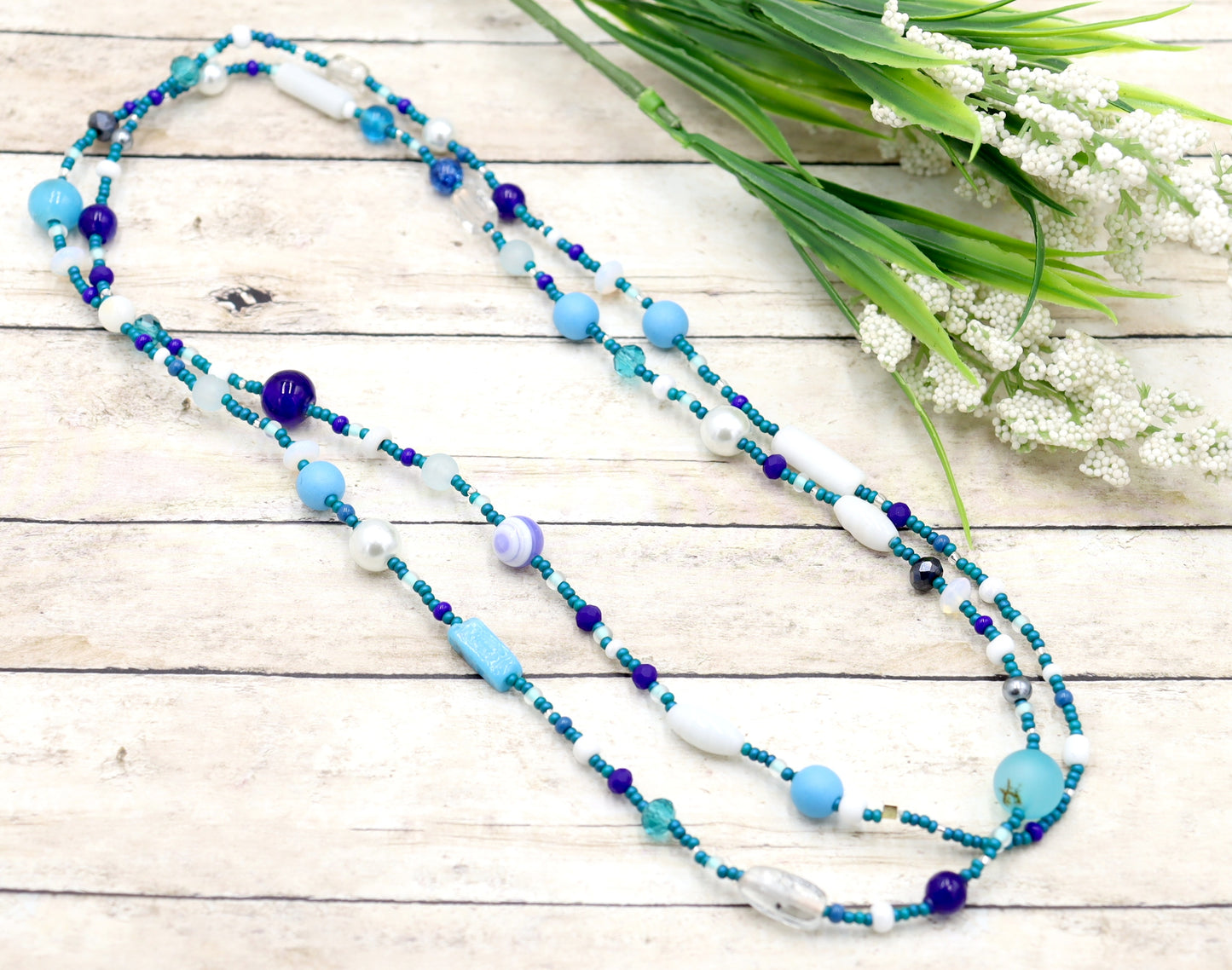 This Necklace with Blue You Away – Blue and White 38” Long Party Necklace by Monkey’s Mojo