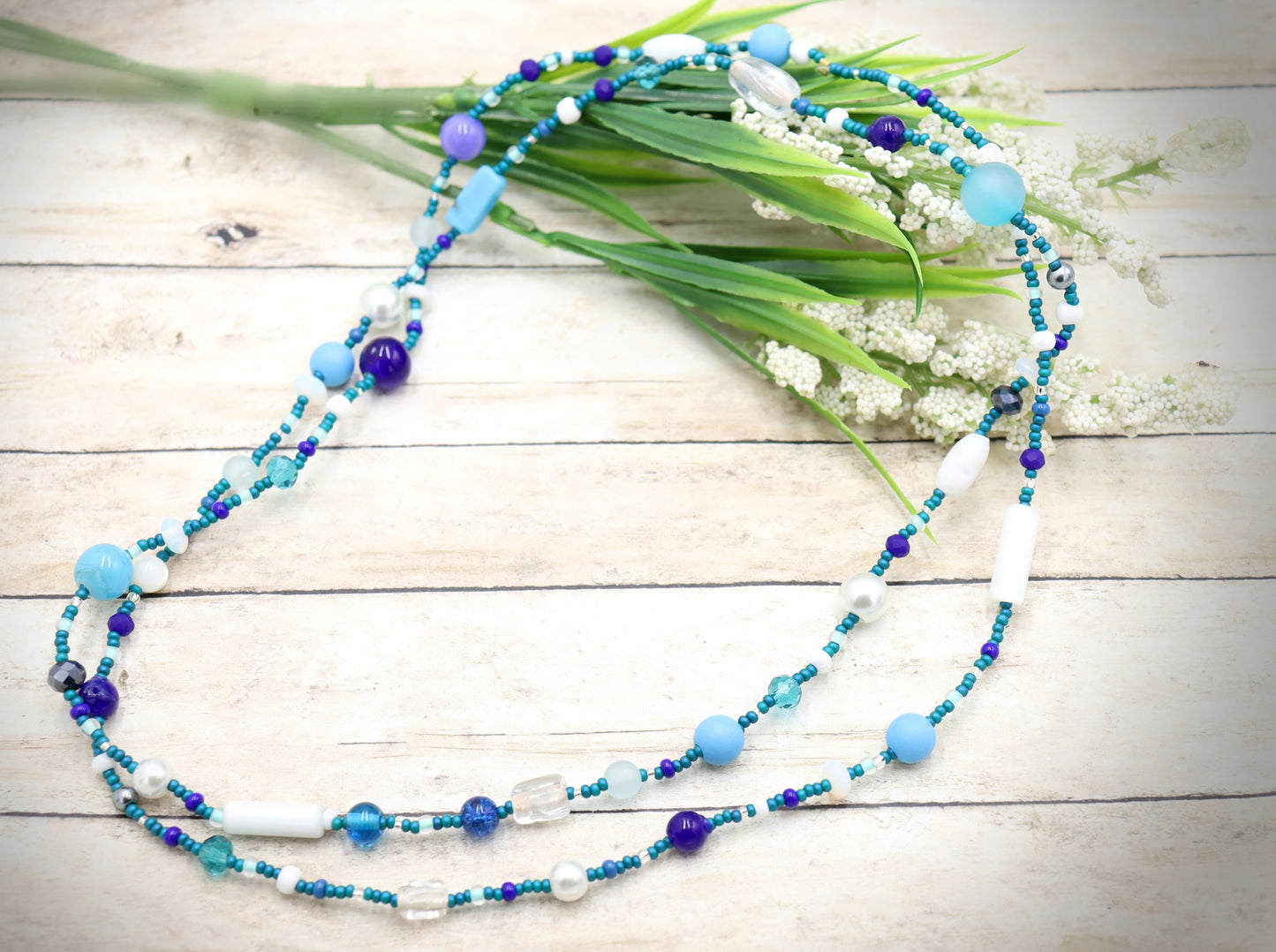 This Necklace with Blue You Away – Blue and White 38” Long Party Necklace by Monkey’s Mojo