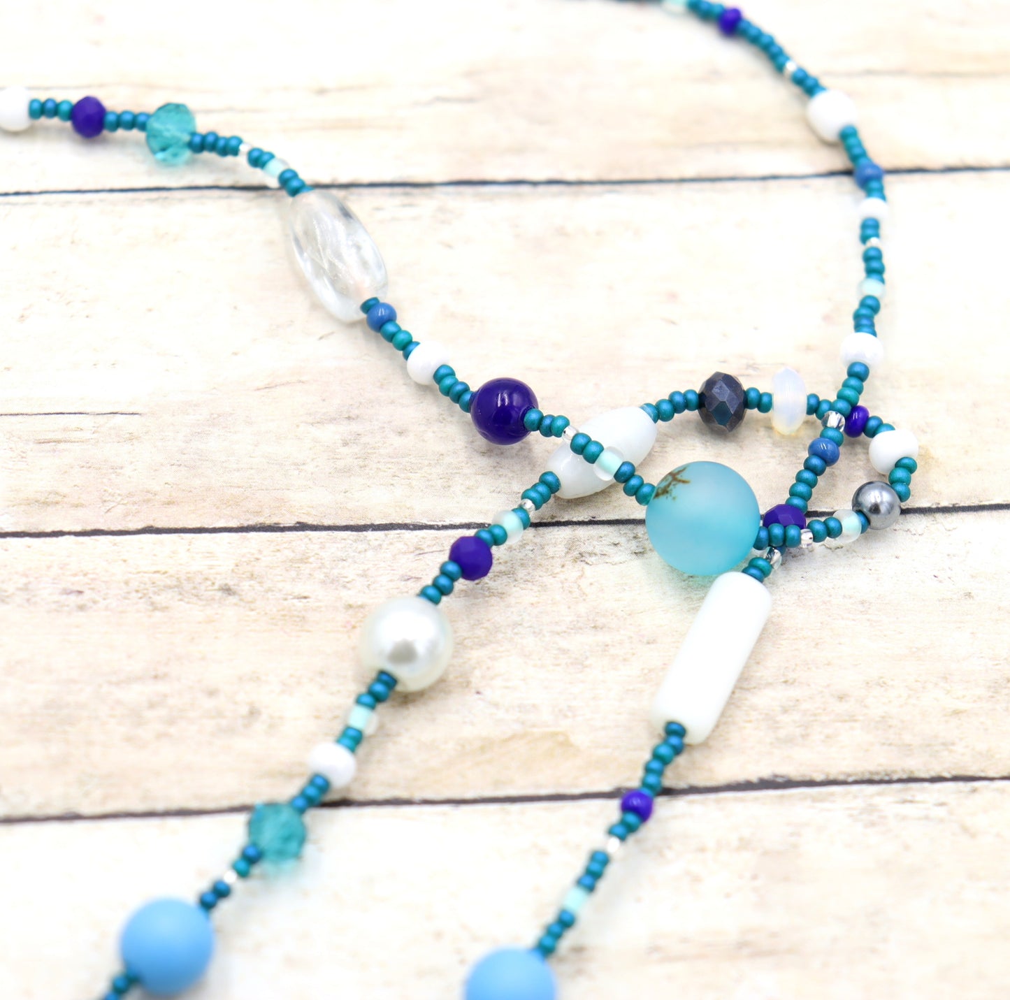 This Necklace with Blue You Away – Blue and White 38” Long Party Necklace by Monkey’s Mojo