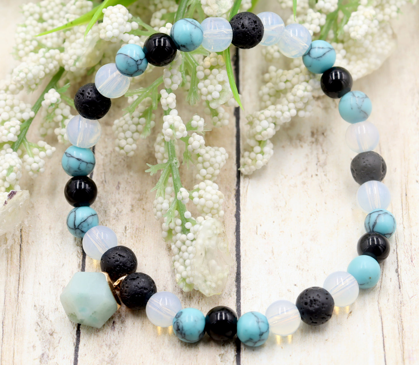 Head Over the Moon for Turquoise Blue and Black Lava Rock Golden Geometric Charm Bracelet