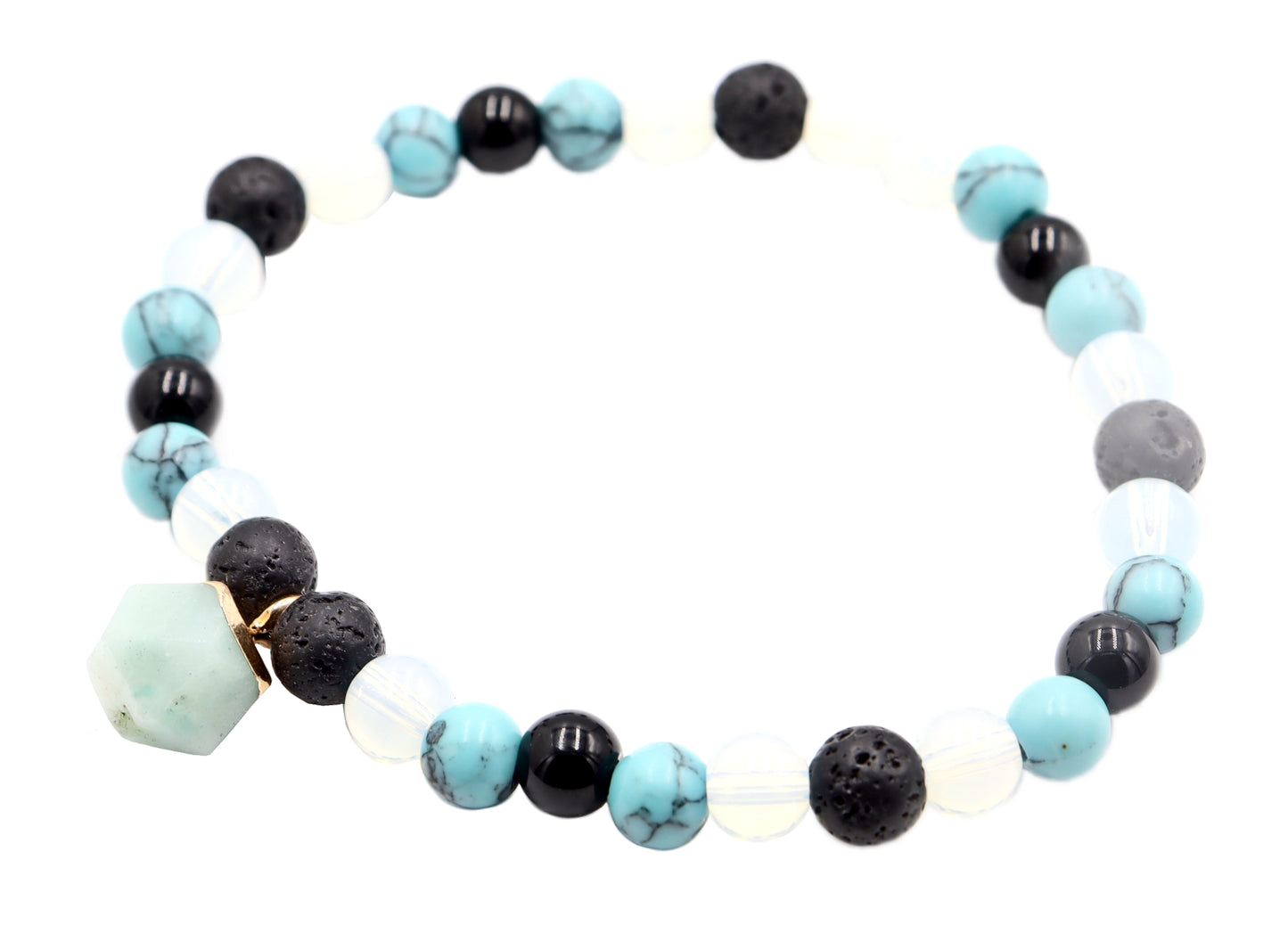 Head Over the Moon for Turquoise Blue and Black Lava Rock Golden Geometric Charm Bracelet