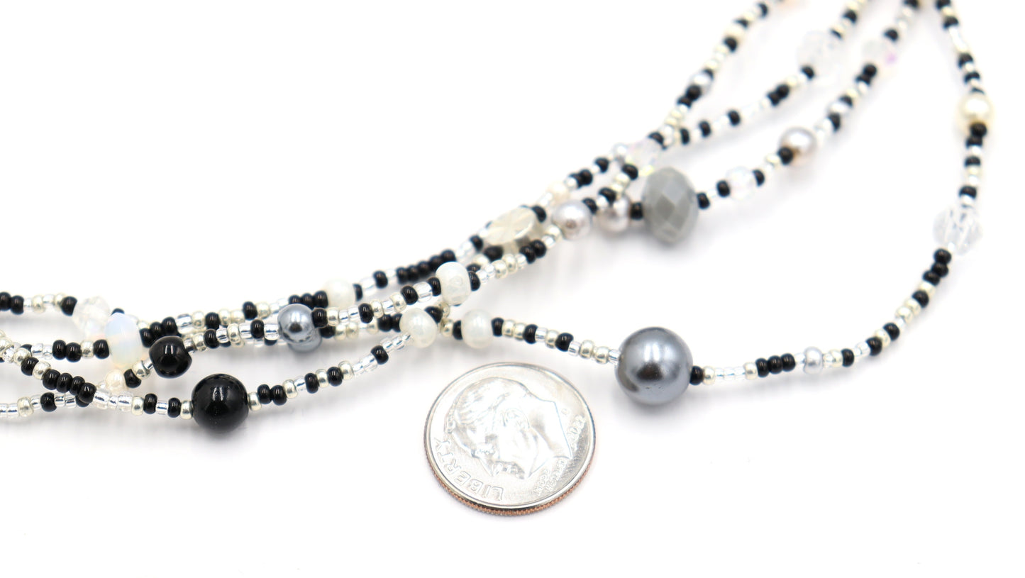 Monochromatic Magic Black, White, and Silver 70” Long Wrap Necklace by Monkey’s Mojo