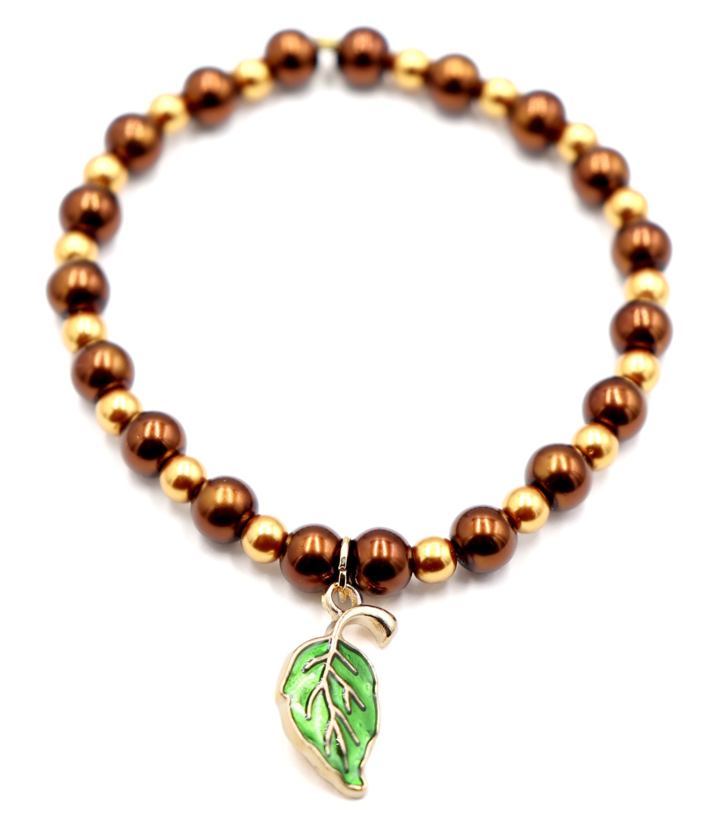 Golden Pearls, Rich Oak, and Green Leaf Charm - Women's Autumn / Fall Glass Bead Stretch Bracelet by Monkey's Mojo