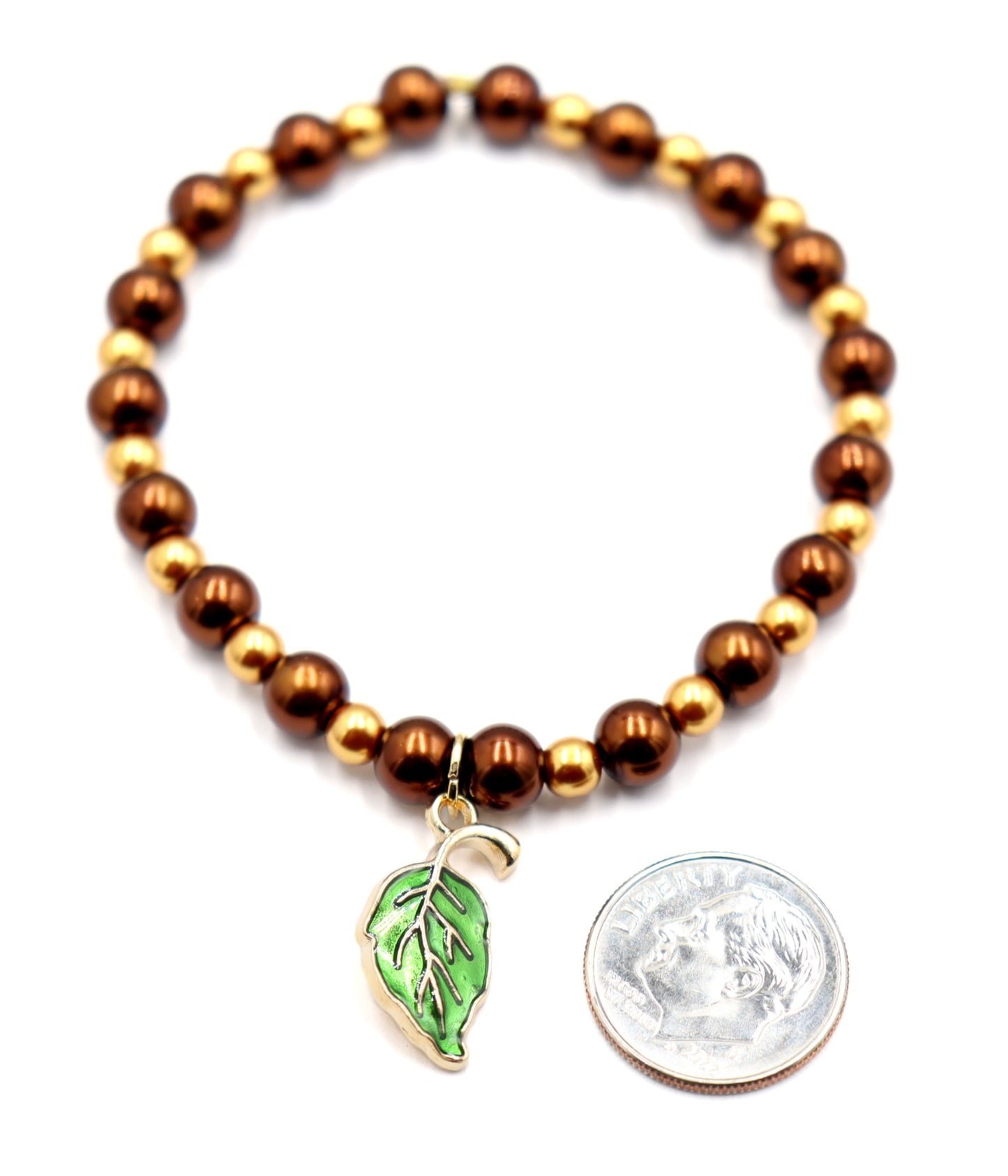 Golden Pearls, Rich Oak, and Green Leaf Charm - Women's Autumn / Fall Glass Bead Stretch Bracelet by Monkey's Mojo