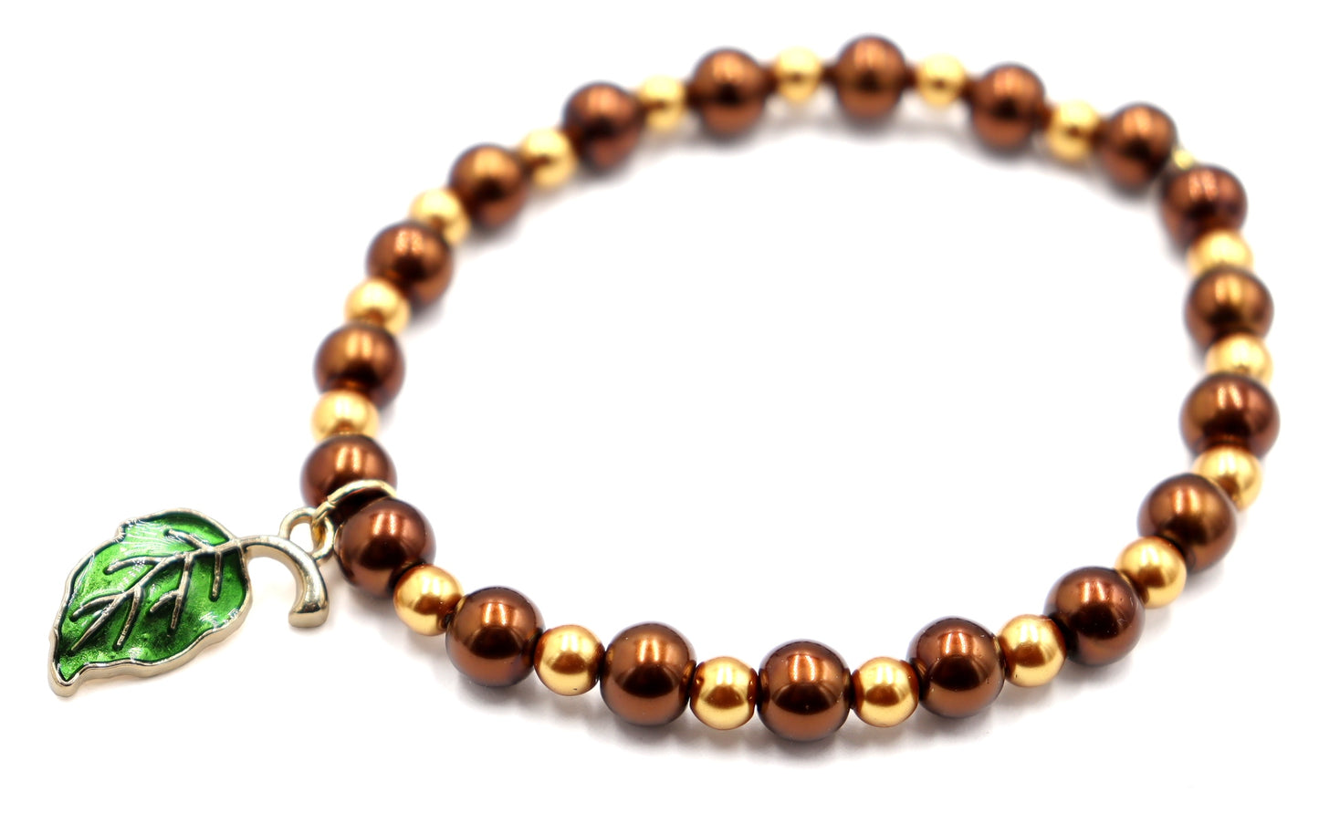 Golden Pearls, Rich Oak, and Green Leaf Charm - Women's Autumn / Fall Glass Bead Stretch Bracelet by Monkey's Mojo