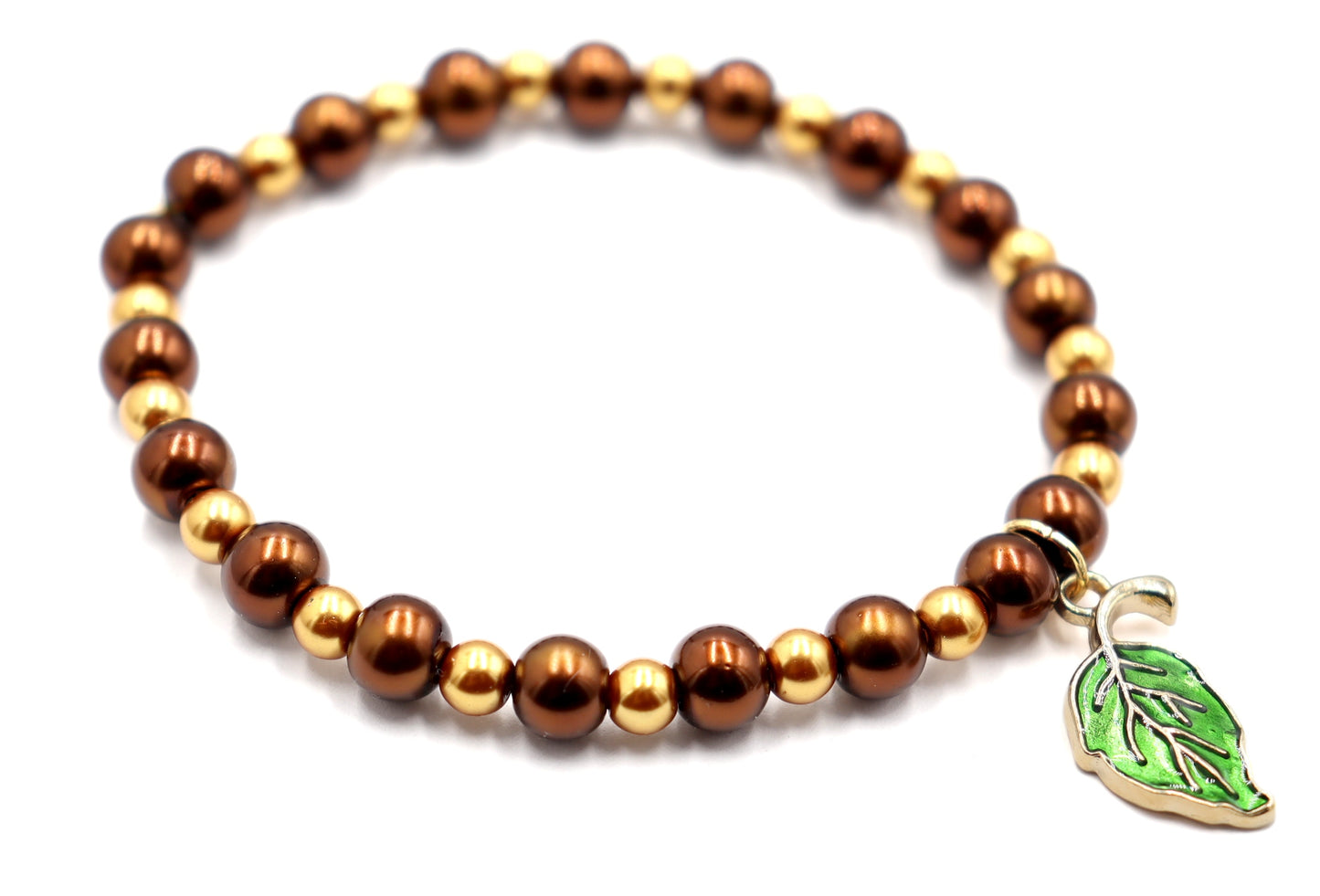 Golden Pearls, Rich Oak, and Green Leaf Charm - Women's Autumn / Fall Glass Bead Stretch Bracelet by Monkey's Mojo