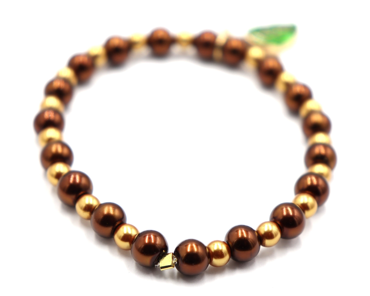 Golden Pearls, Rich Oak, and Green Leaf Charm - Women's Autumn / Fall Glass Bead Stretch Bracelet by Monkey's Mojo