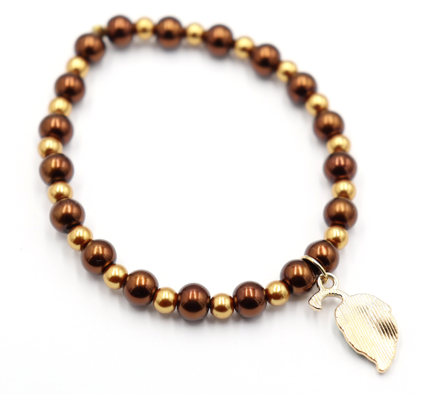 Golden Pearls, Rich Oak, and Green Leaf Charm - Women's Autumn / Fall Glass Bead Stretch Bracelet by Monkey's Mojo