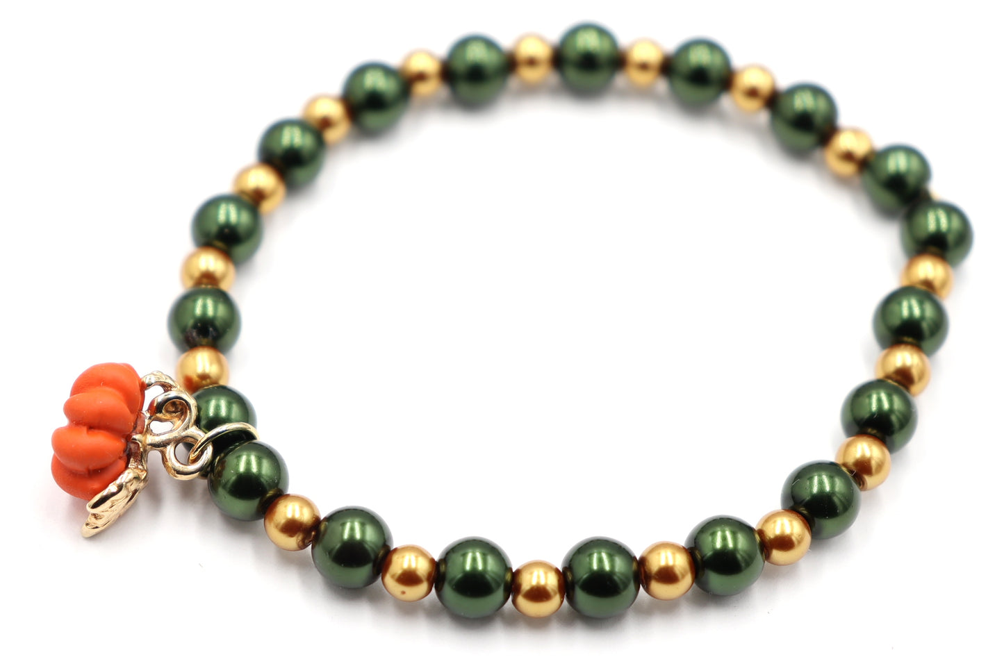 Pumpkin Time and Earth Toned Vibes - Green and Gold Bracelet with 3D Pumpkin Charm by Monkey's Mojo