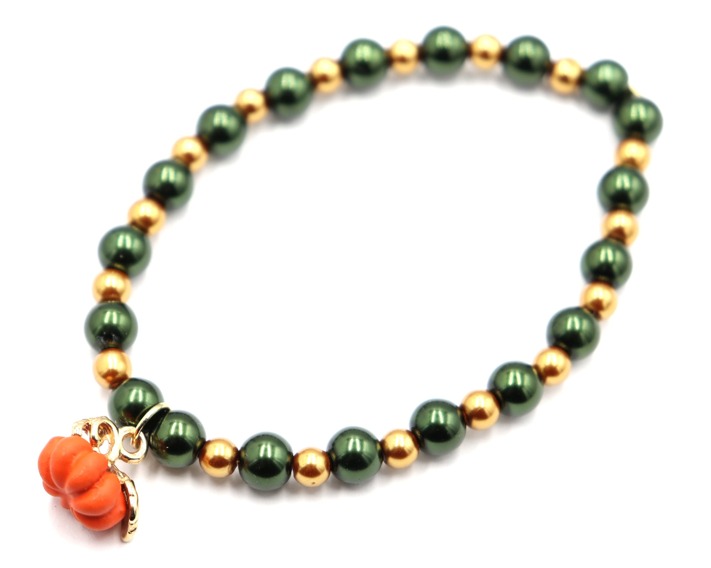 Pumpkin Time and Earth Toned Vibes - Green and Gold Bracelet with 3D Pumpkin Charm by Monkey's Mojo