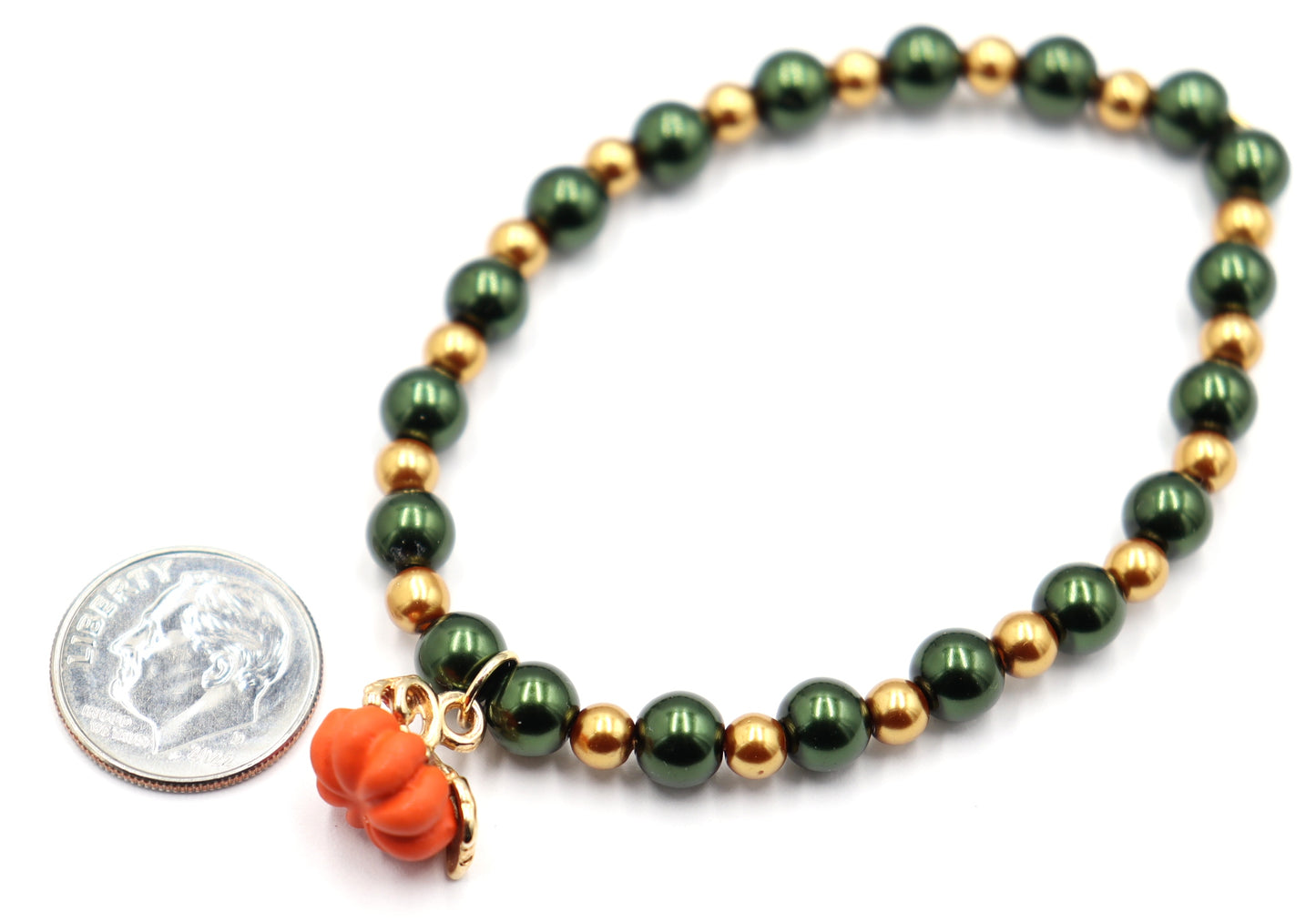 Pumpkin Time and Earth Toned Vibes - Green and Gold Bracelet with 3D Pumpkin Charm by Monkey's Mojo