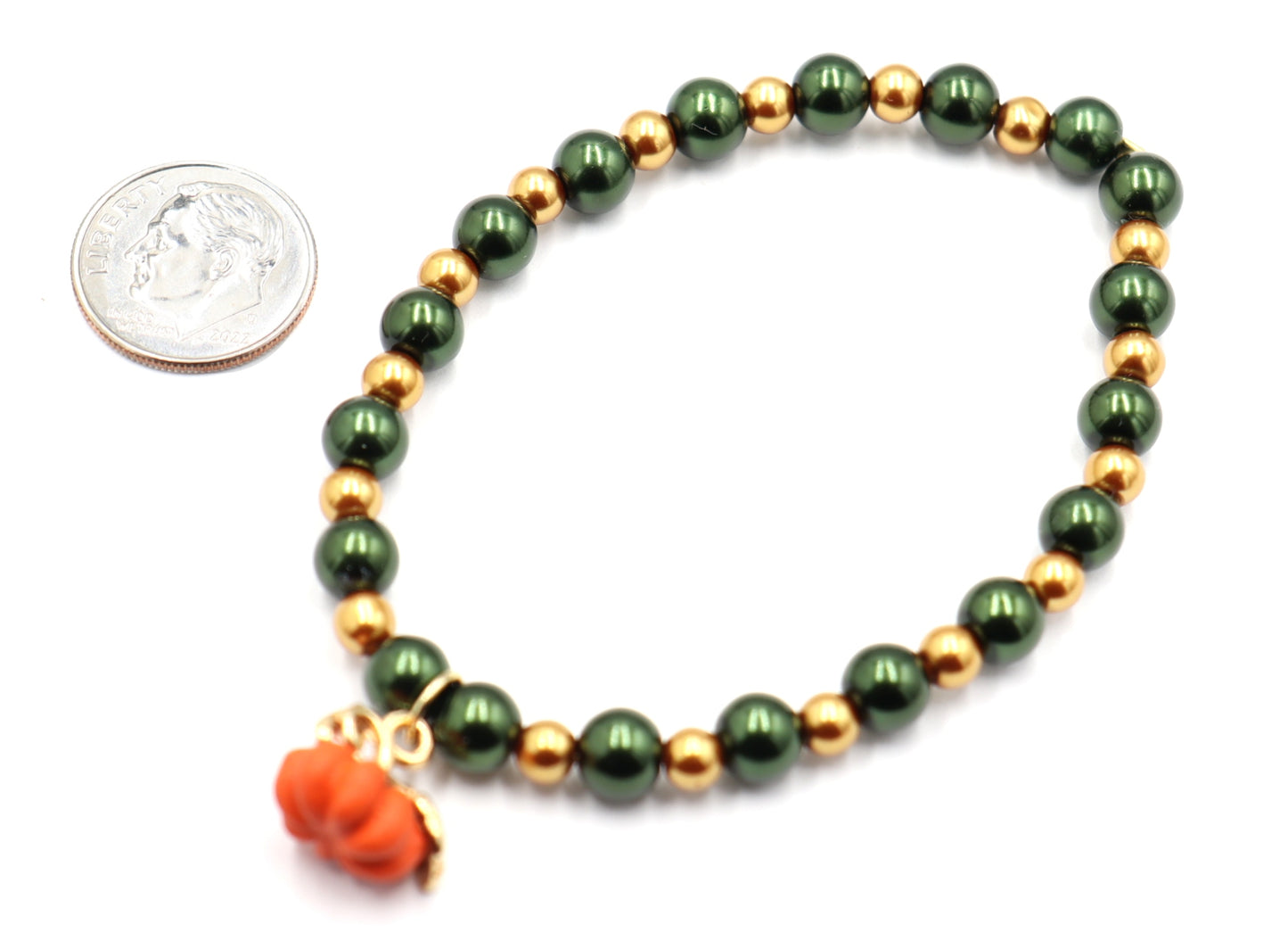 Pumpkin Time and Earth Toned Vibes - Green and Gold Bracelet with 3D Pumpkin Charm by Monkey's Mojo